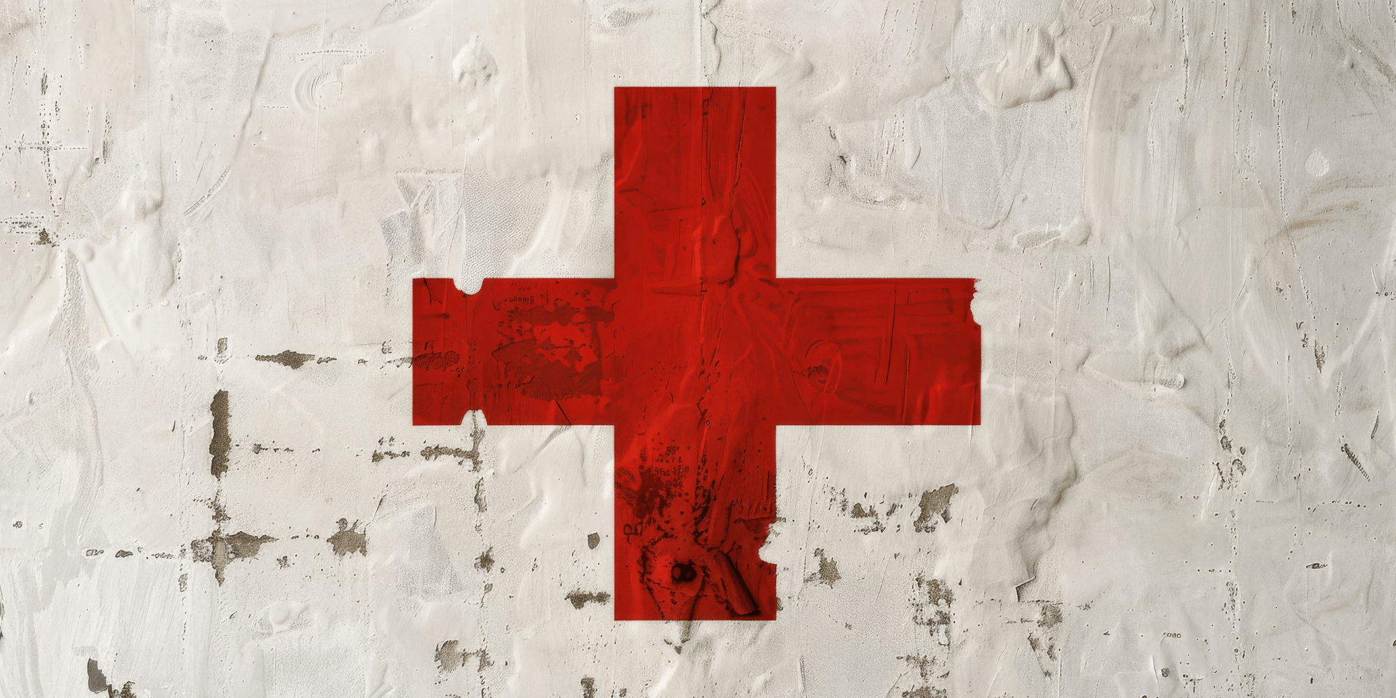 Simbolo da cruz vermelha pintado numa parede branca antiga