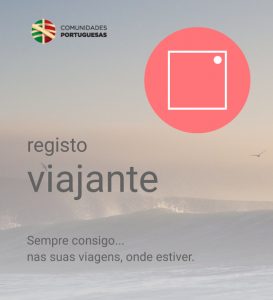 Ecrã inicial da app Registo Viajante (Comunidades Portuguesas/MNE), com o texto “registo viajante”, para apoiar portugueses no estrangeiro e facilitar a assistência consular em viagem.