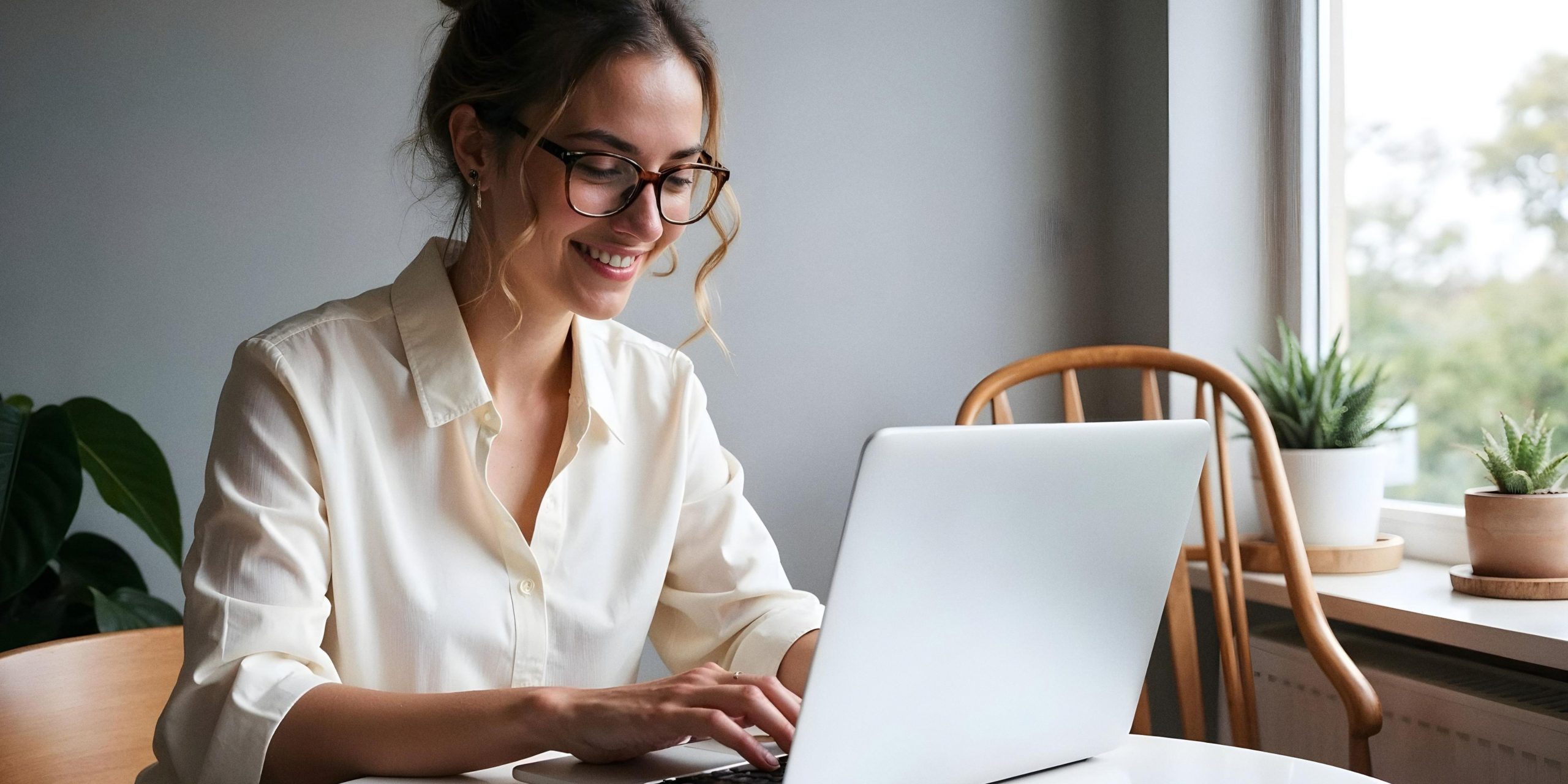 Mulher a utilizar um computador portátil para consultar online o Simulador de Prestações Sociais da Segurança Social e verificar possíveis apoios disponíveis.