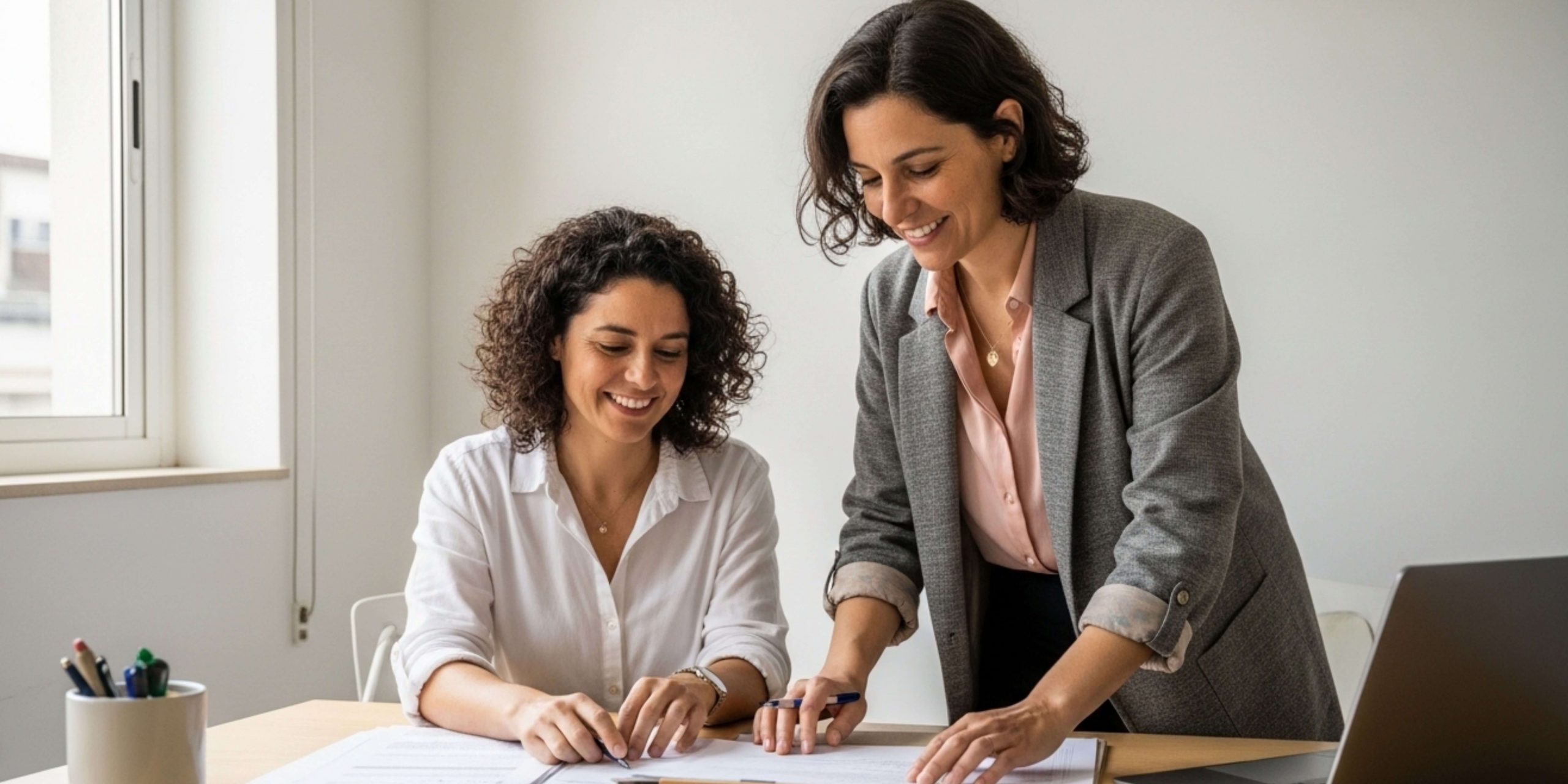Duas profissionais a analisar documentos de contratação num escritório, representando os apoios +Emprego e Emprego +Talento em 2026.