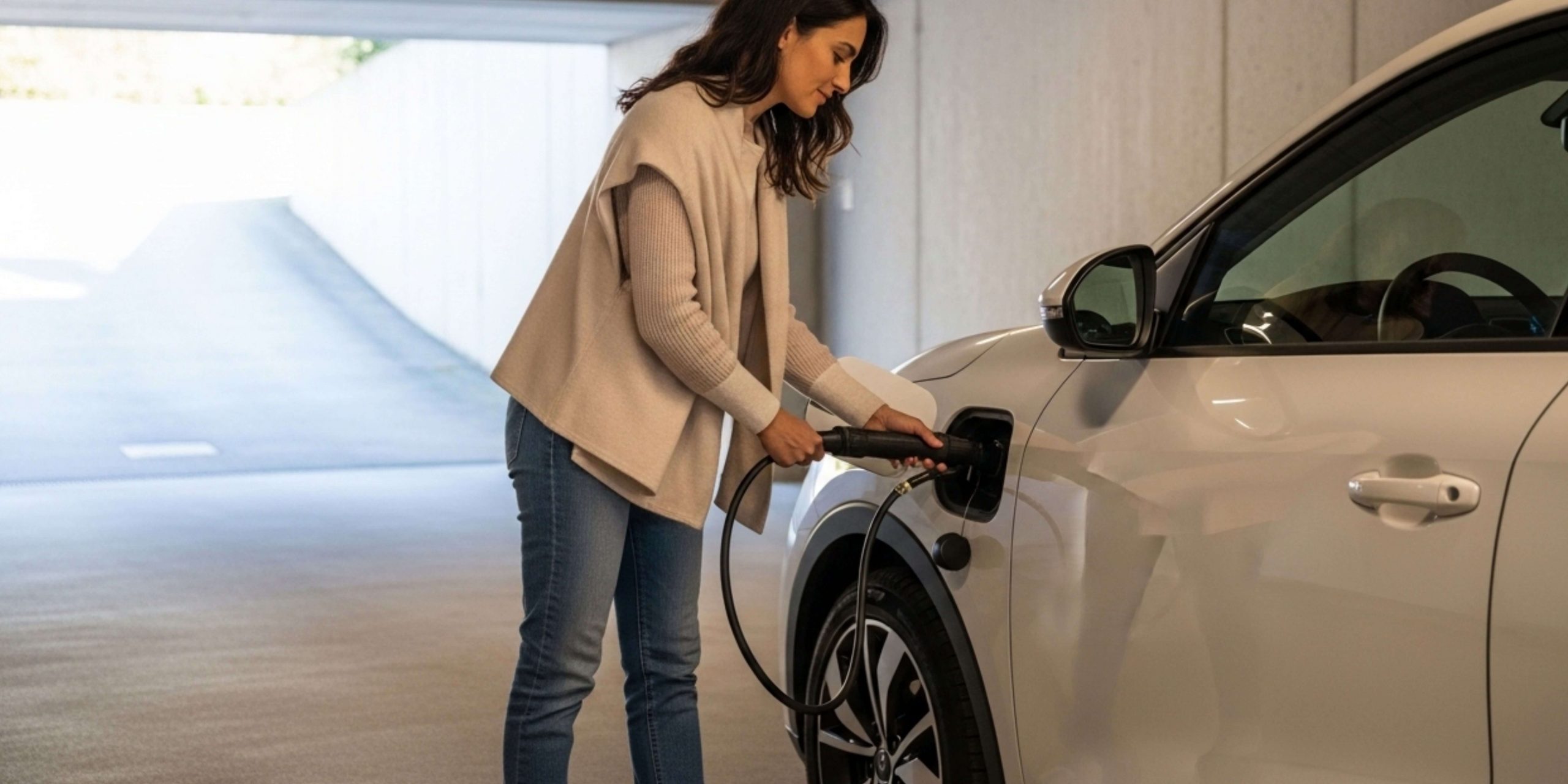 Mulher a carregar um carro elétrico numa garagem, representando os apoios do Fundo Ambiental à mobilidade verde em 2026.