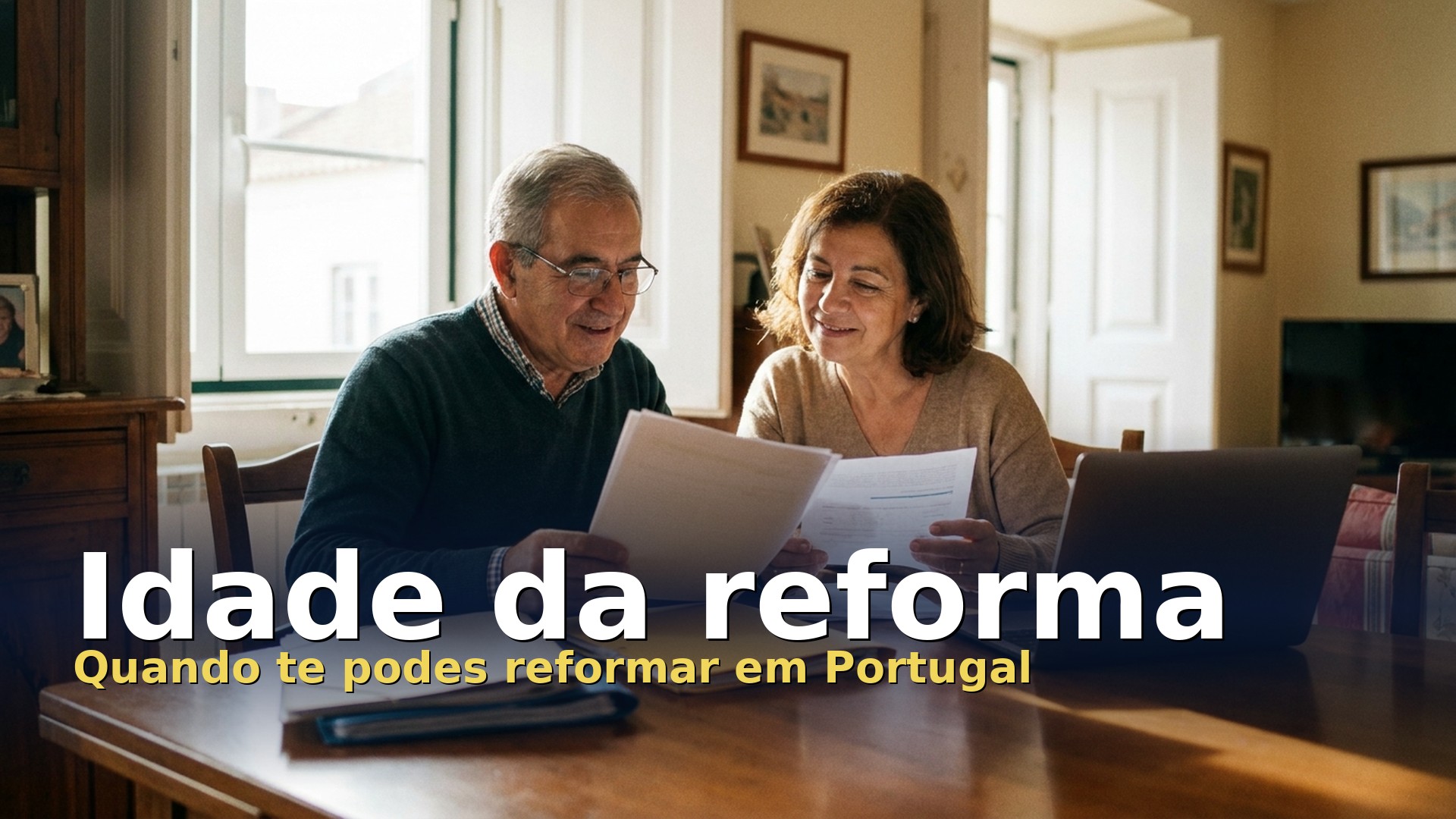 Casal na casa dos 60 anos a rever documentos da pensão de velhice na mesa da sala