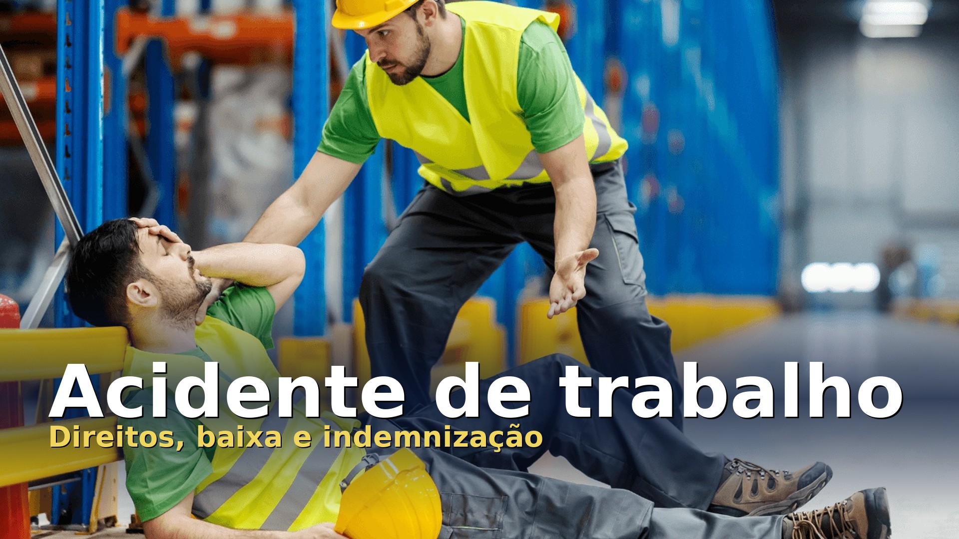 Trabalhador ferido no chão de um armazém após um acidente de trabalho