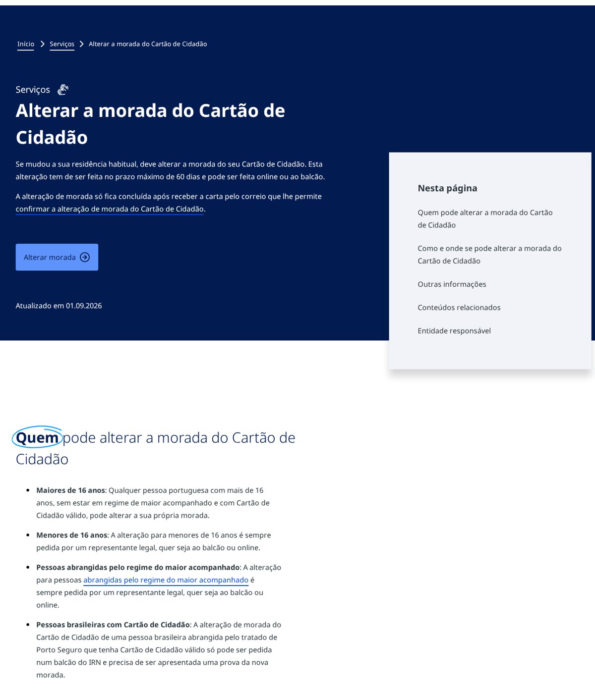 Alterar morada do Cartão de Cidadão: página oficial do serviço no gov.pt com o prazo e quem pode pedir