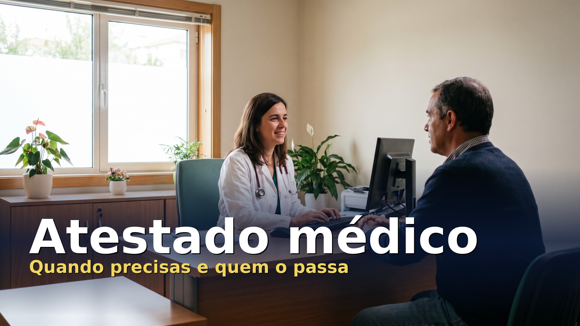 Atestado médico: médica preenche o atestado no computador durante a consulta com um utente