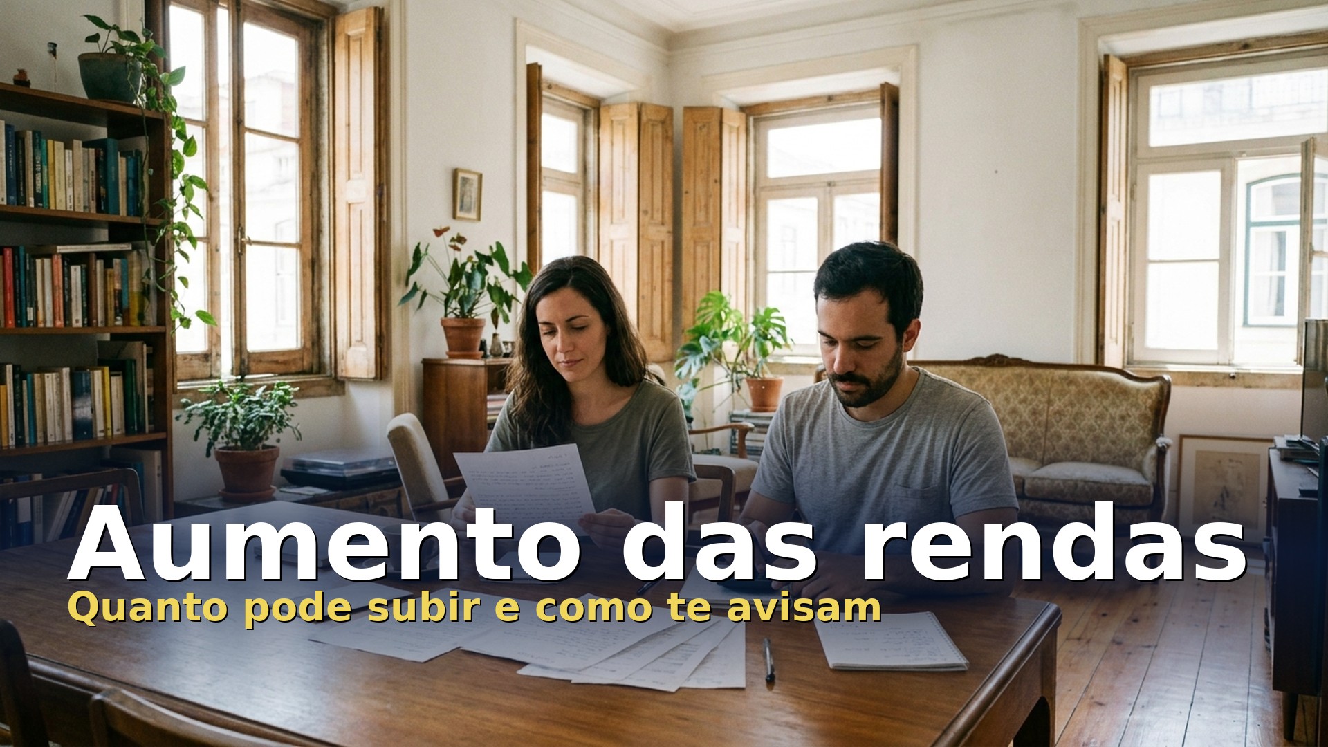 Aumento das rendas: casal lê a carta do senhorio e faz contas na sala de casa
