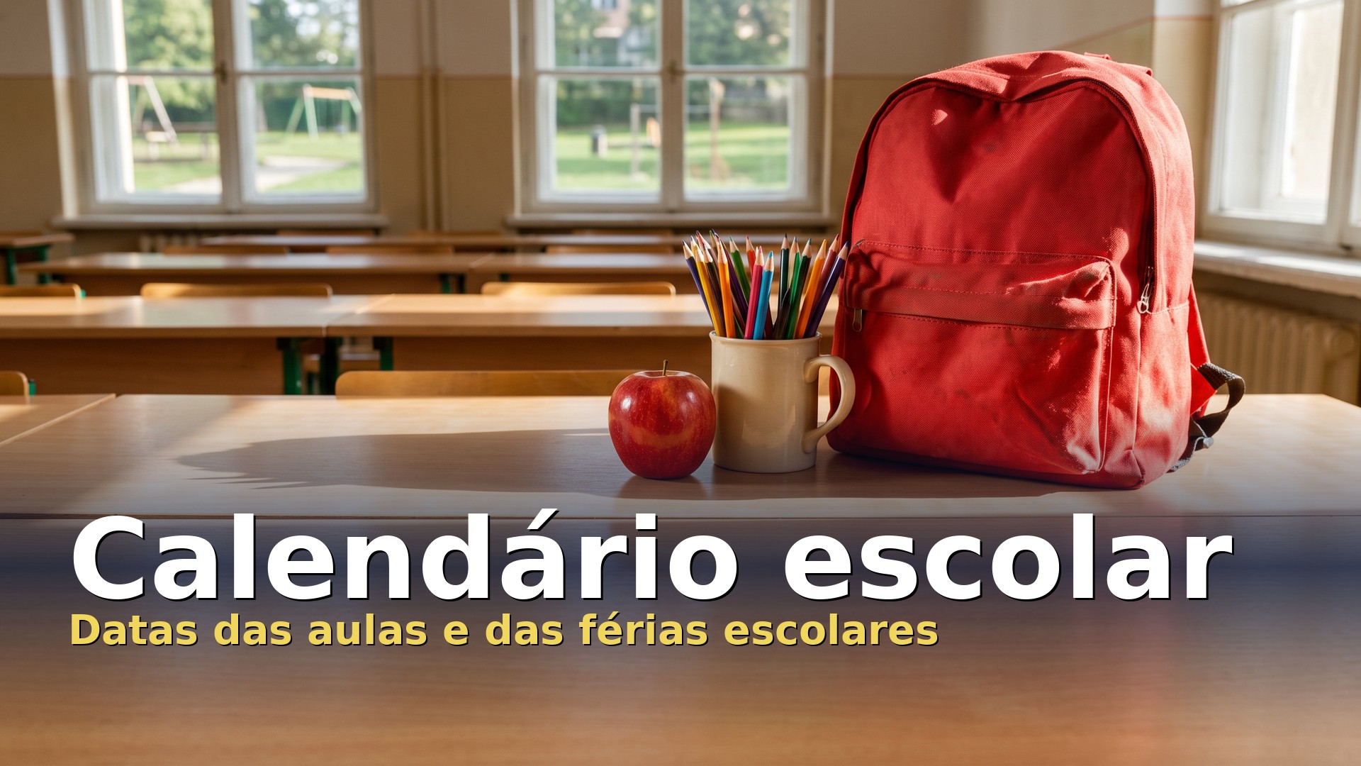 Mochila escolar, maçã e lápis de cor numa mesa de sala de aula