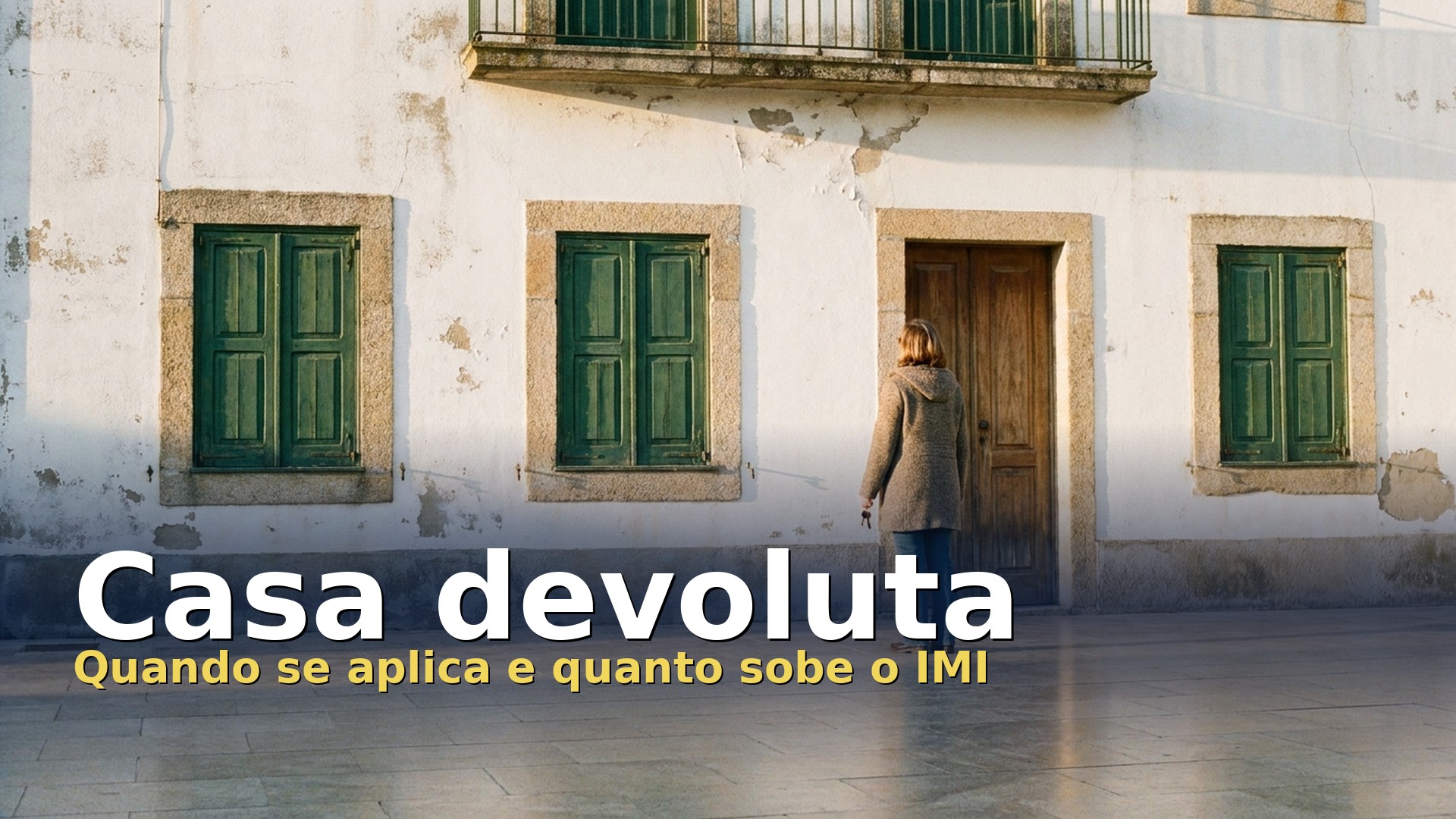 Casa devoluta: mulher com as chaves diante de uma casa antiga portuguesa com as janelas fechadas