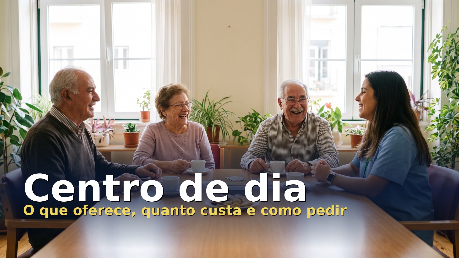 Centro de dia: pessoas idosas conversam e jogam às cartas com uma animadora numa sala de convívio