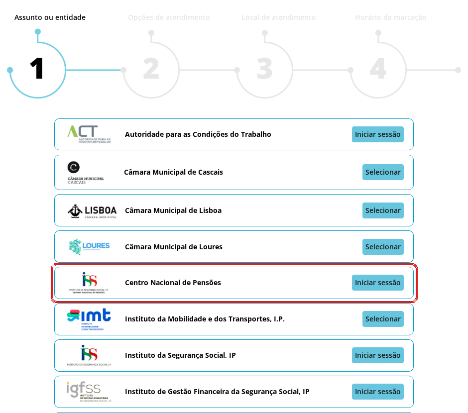 Centro Nacional de Pensões no SIGA: passo 1 da marcação, com a entrada do CNP assinalada
