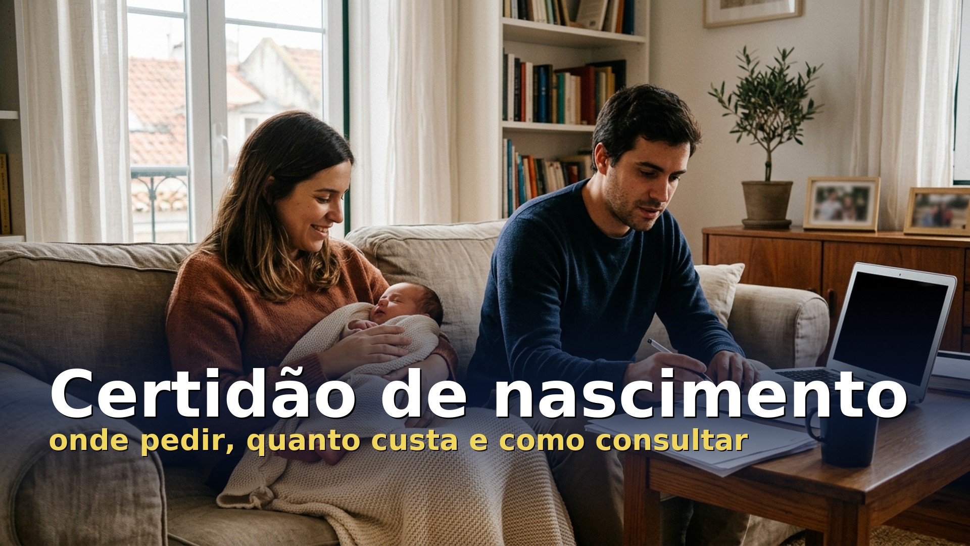 Pais com o bebé recém-nascido ao colo a pedir a certidão de nascimento no computador, em casa