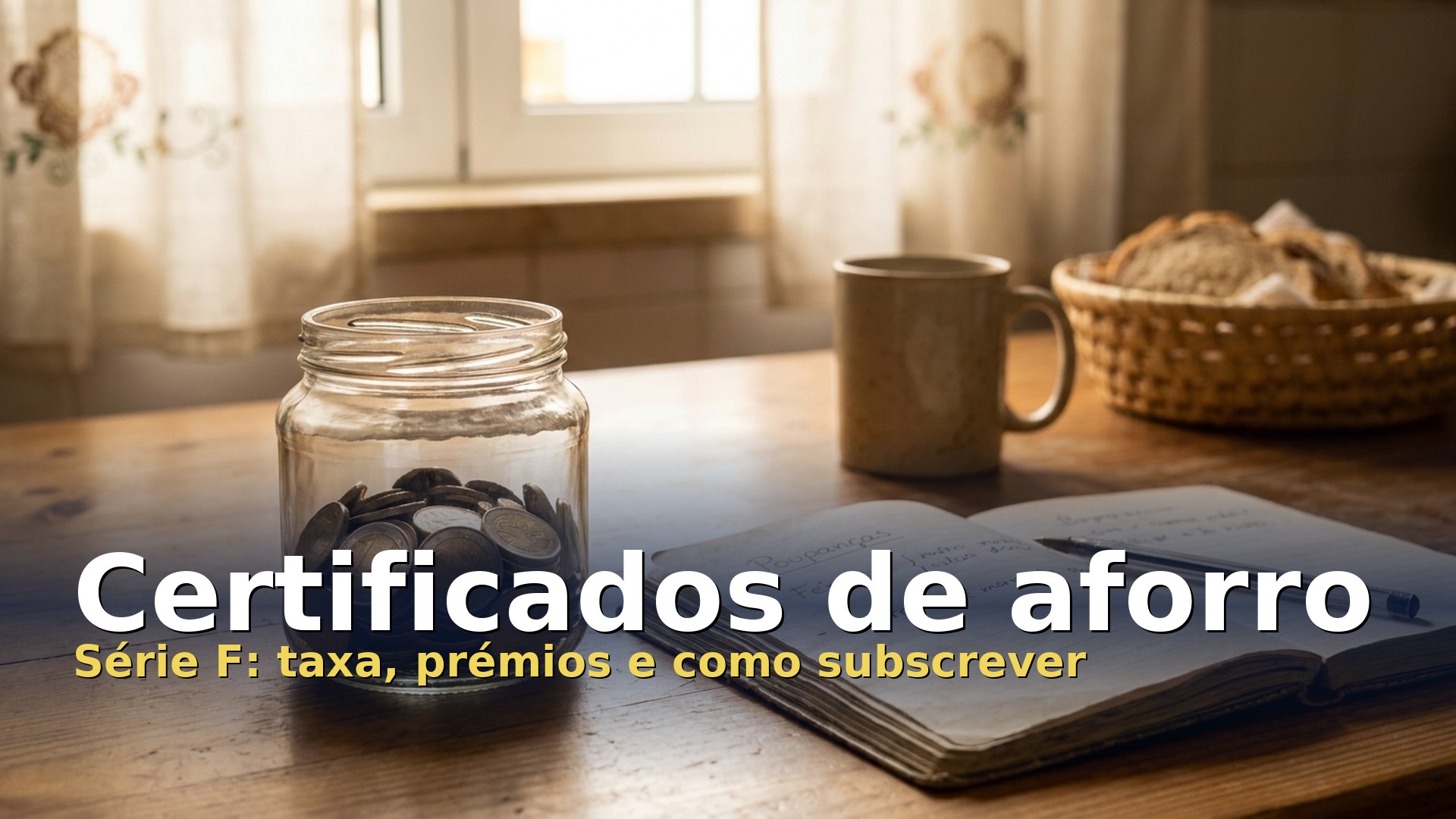 Frasco de vidro com moedas e caderno de poupanças sobre a mesa, a ilustrar os certificados de aforro