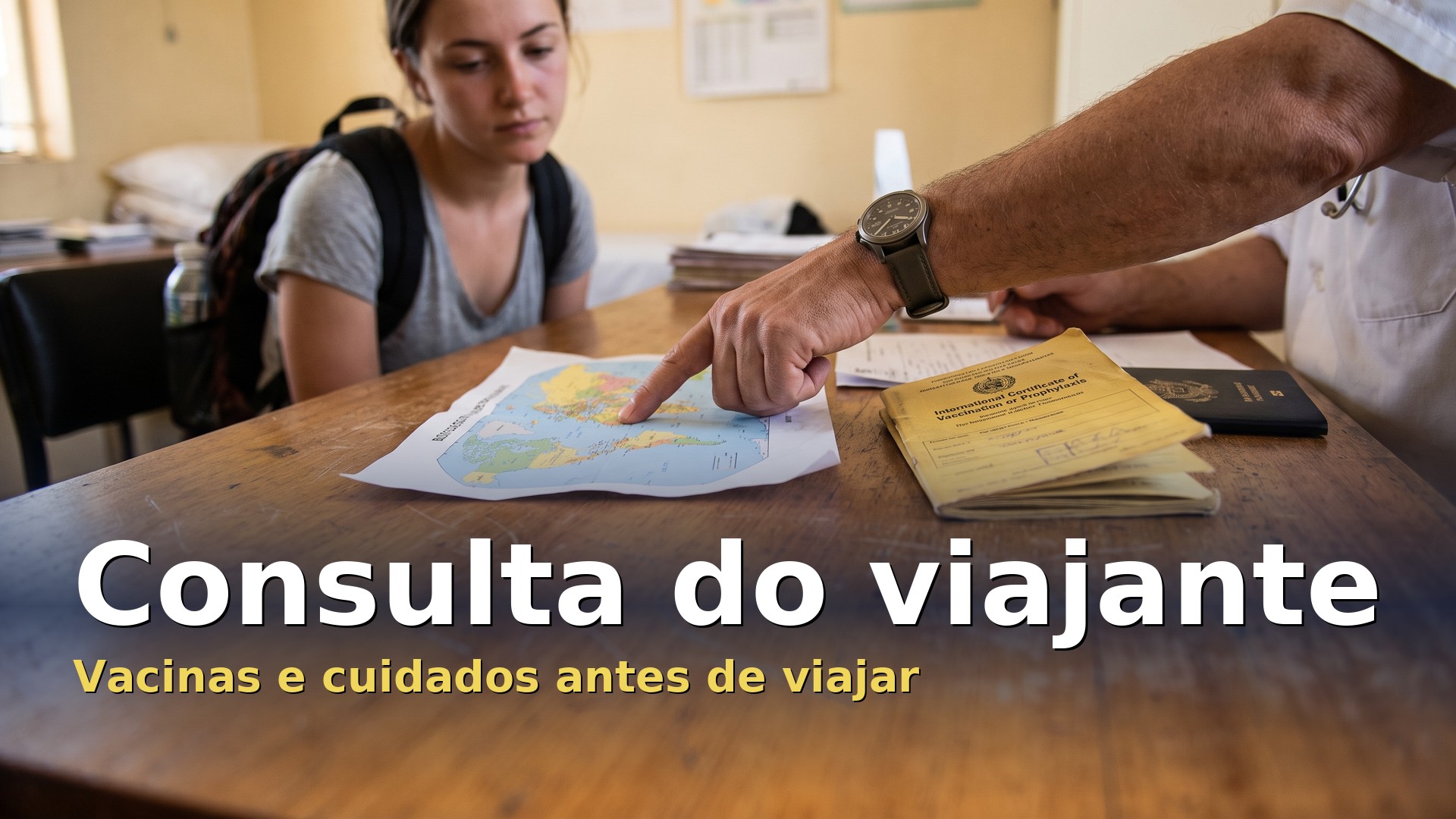 Consulta do viajante: médico aponta o destino num mapa ao lado do certificado internacional de vacinação e do passaporte