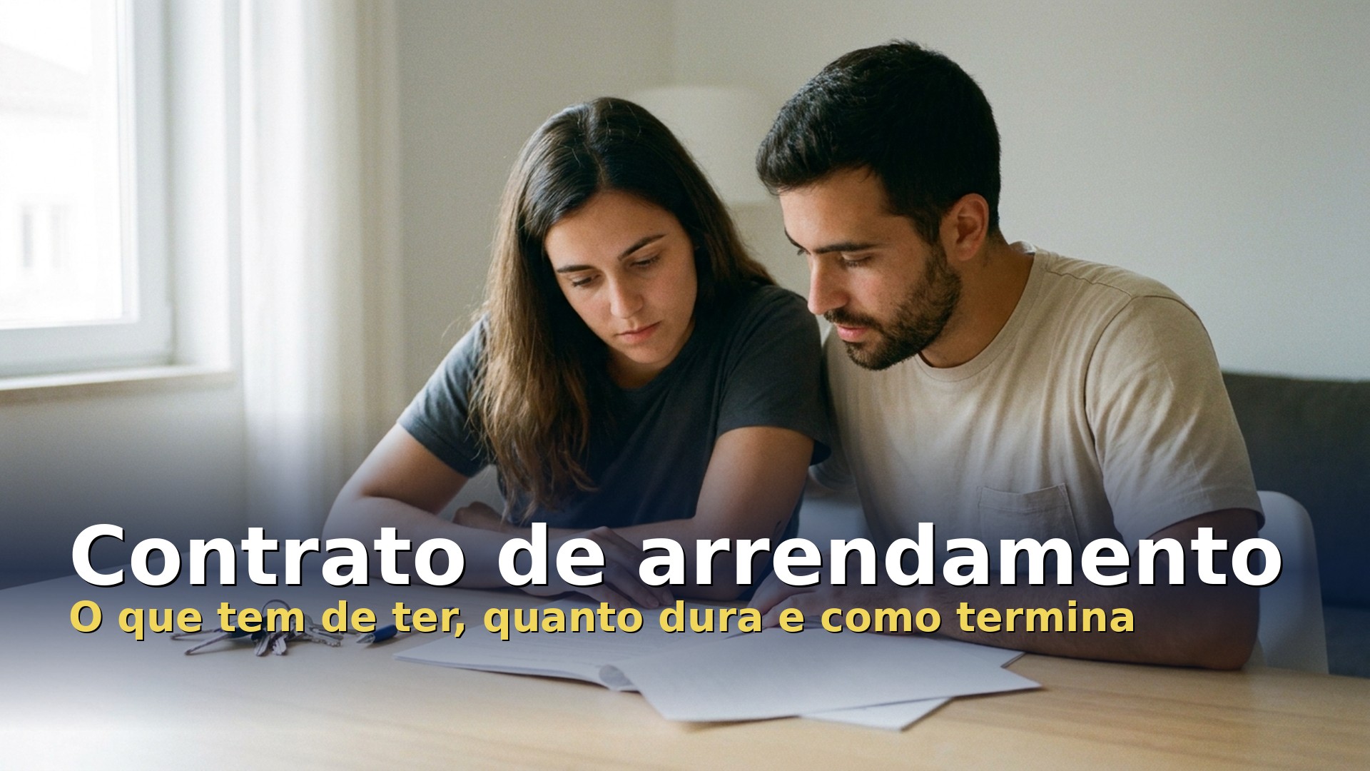 Contrato de arrendamento: casal a ler o contrato de arrendamento da casa com as chaves em cima da mesa