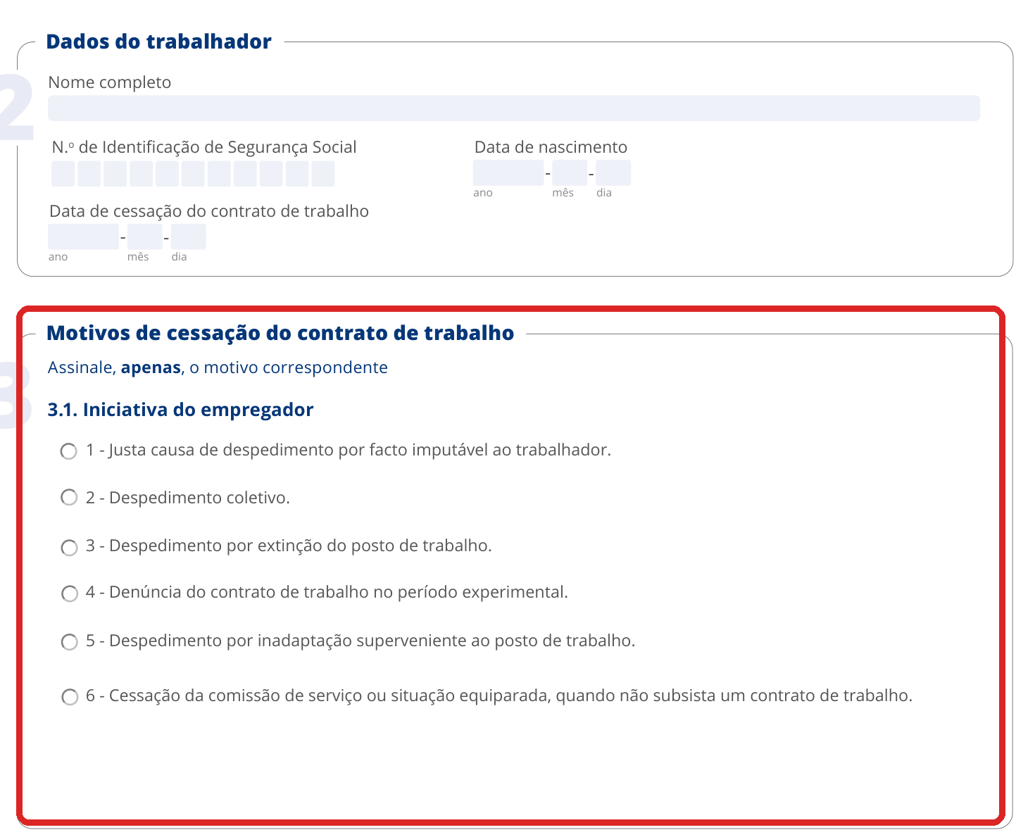 Declaração de situação de desemprego RP 5044: quadro dos motivos de cessação do contrato de trabalho, no formulário oficial em branco da Segurança Social
