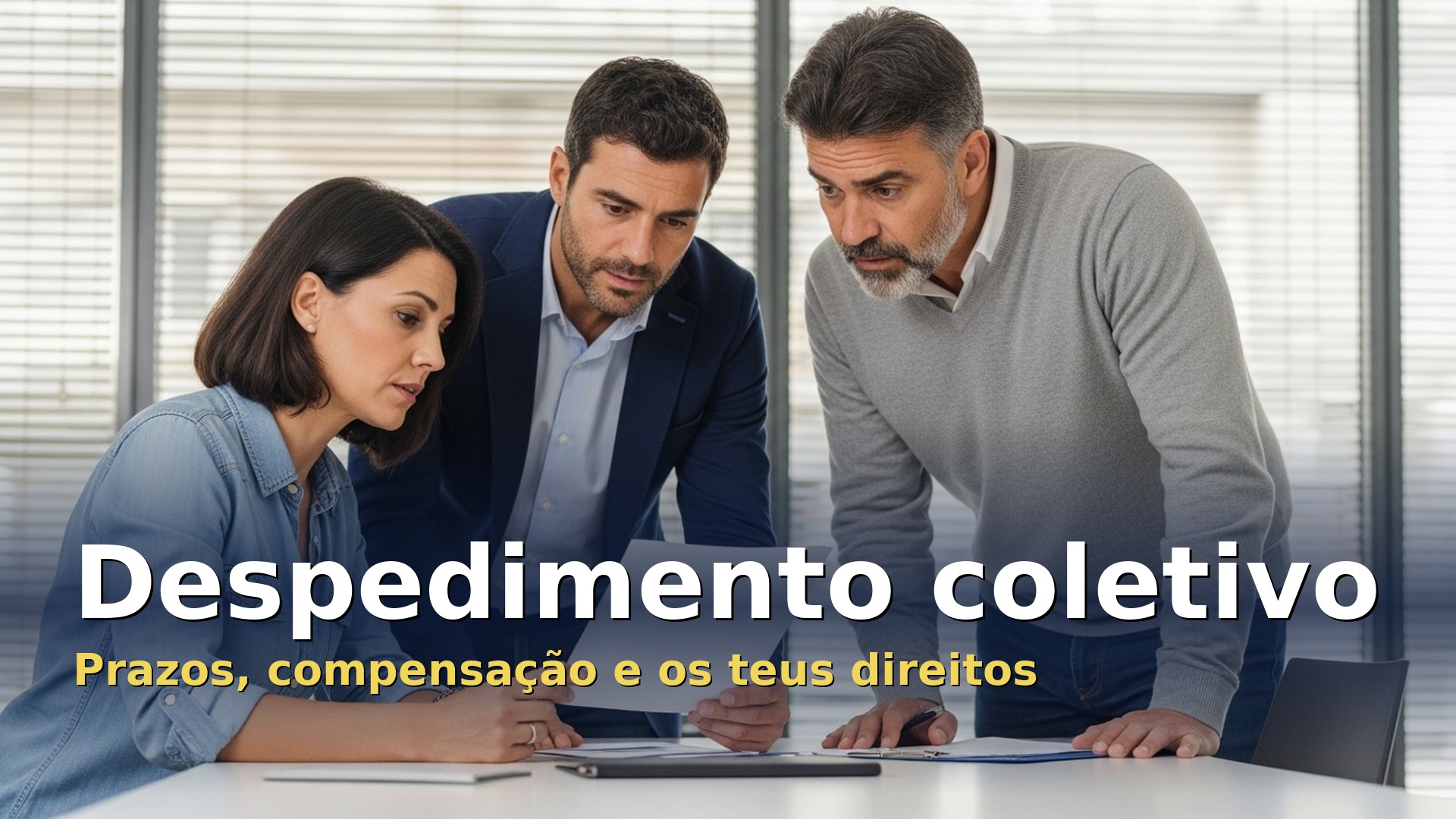 Despedimento coletivo: três colegas de trabalho a ler a comunicação da empresa num escritório