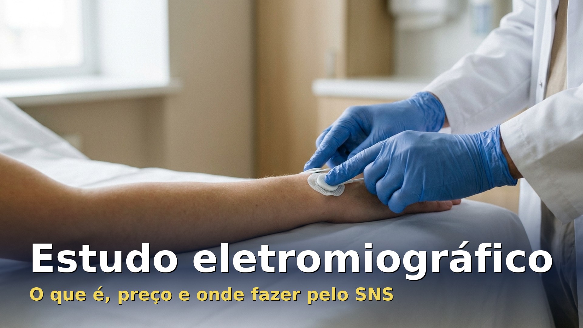 Médica coloca elétrodos no antebraço de um paciente antes de um estudo eletromiográfico