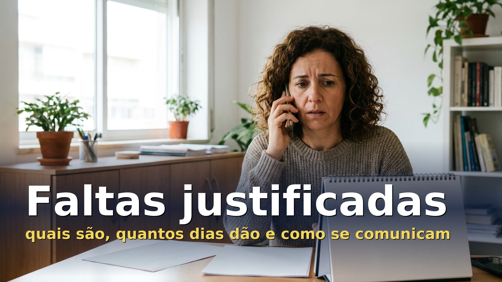 Trabalhadora a comunicar por telefone à chefia uma falta justificada ao trabalho