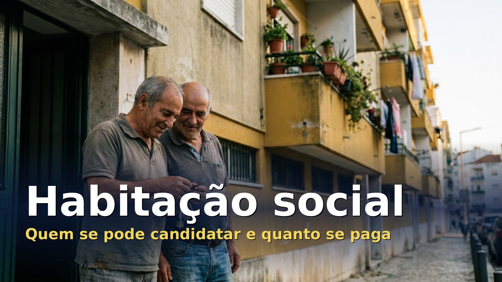 Habitação social: casal à entrada de um prédio de arrendamento apoiado em Portugal