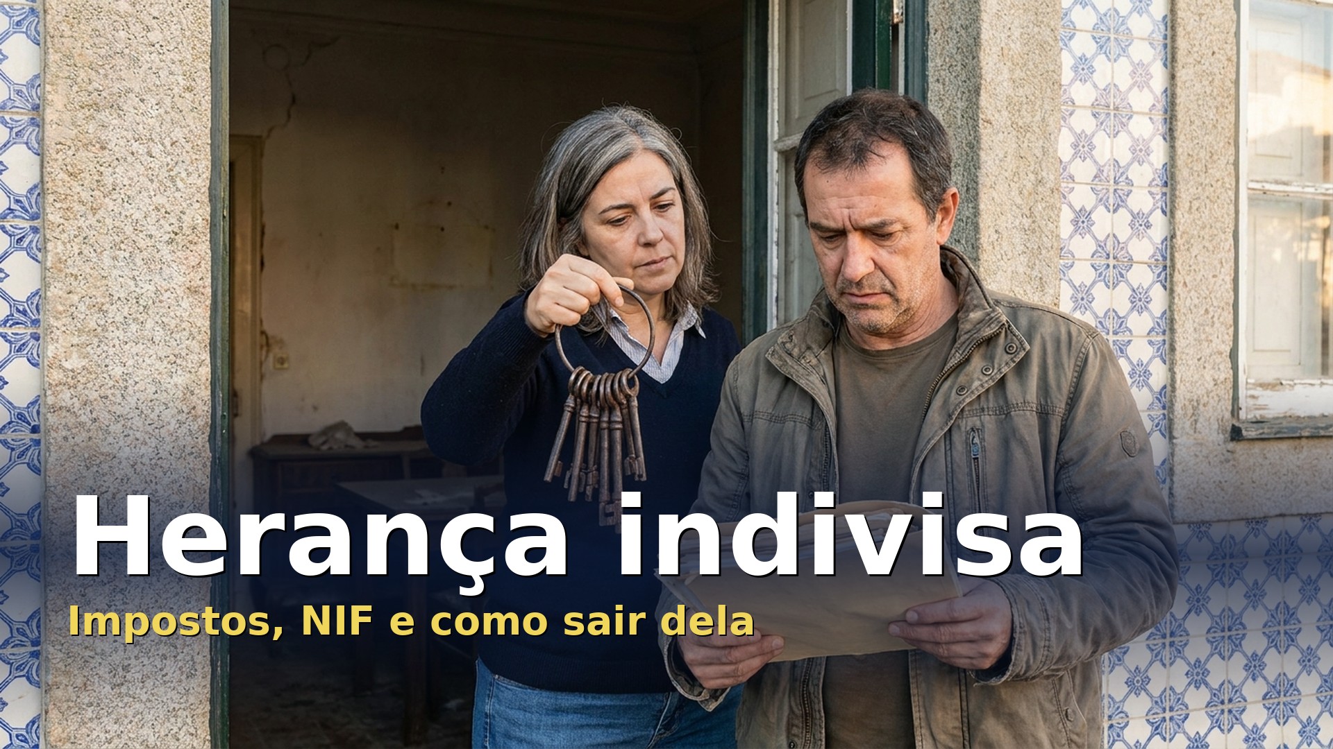 Herança indivisa: dois irmãos à porta de uma casa herdada com azulejos, com as chaves antigas e os documentos na mão