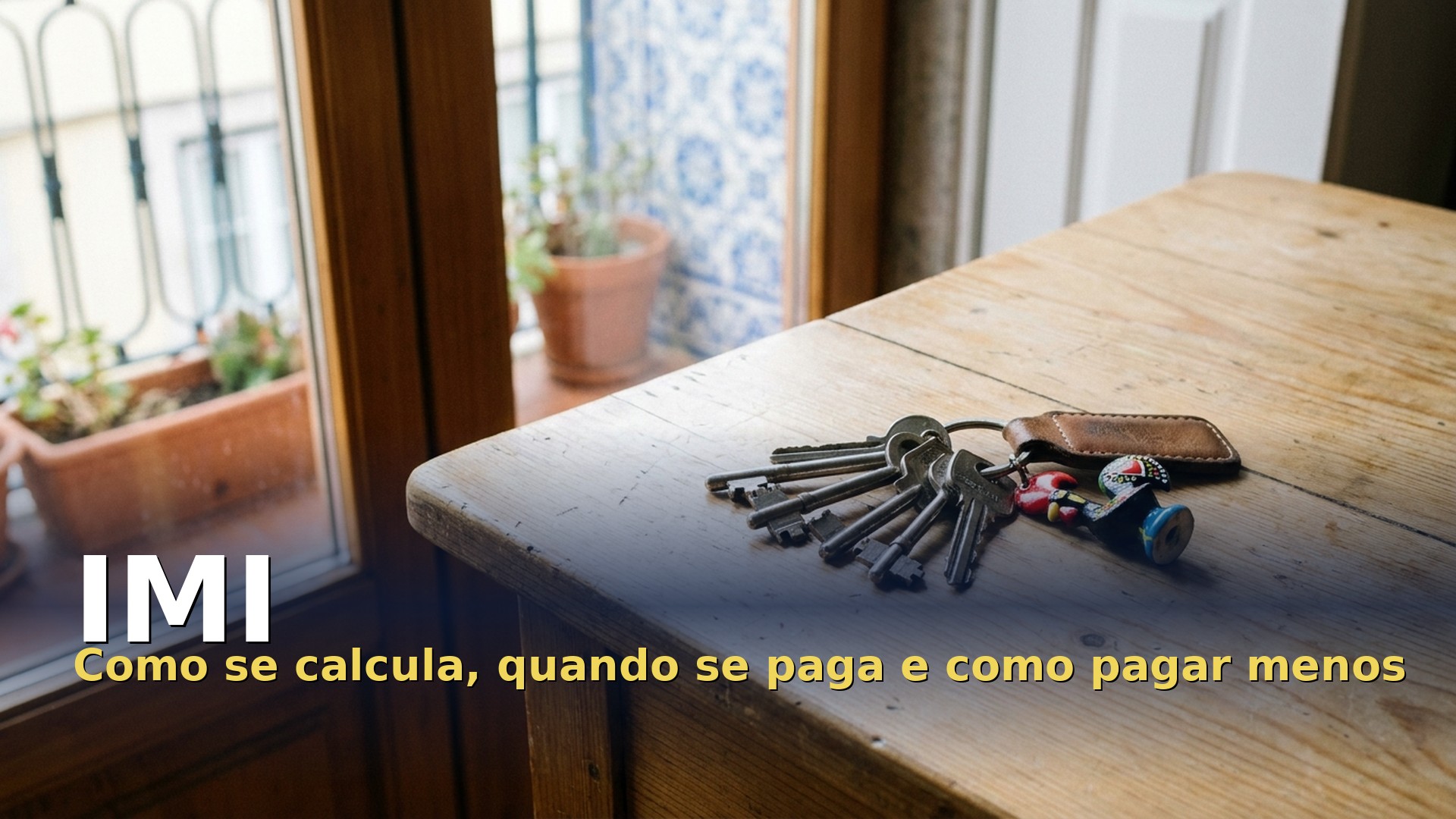 IMI 2026: chaves de casa sobre uma mesa de madeira junto a uma janela com azulejos em Portugal