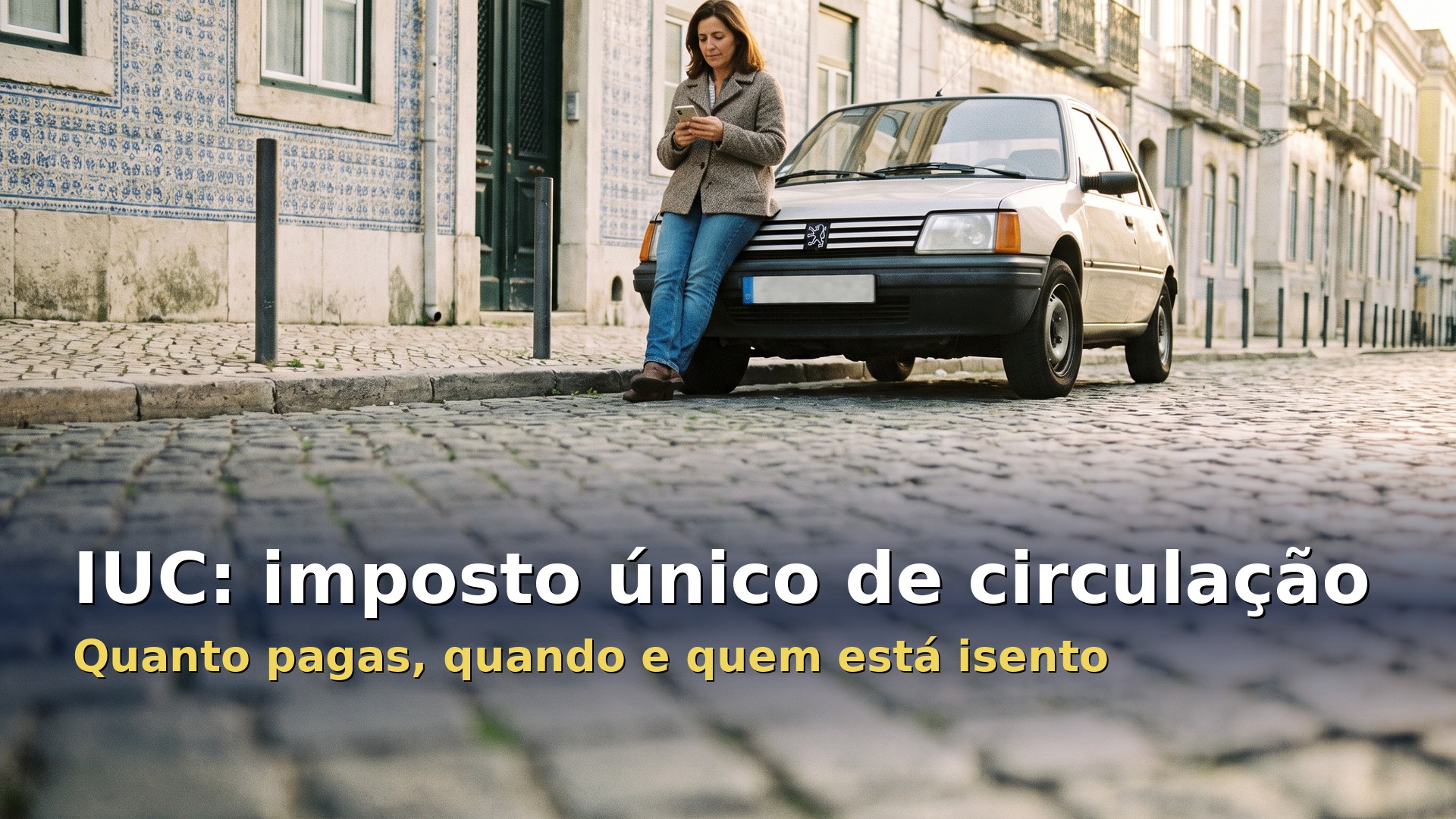 IUC, imposto único de circulação: proprietária junto ao seu carro numa rua de Lisboa com calçada portuguesa