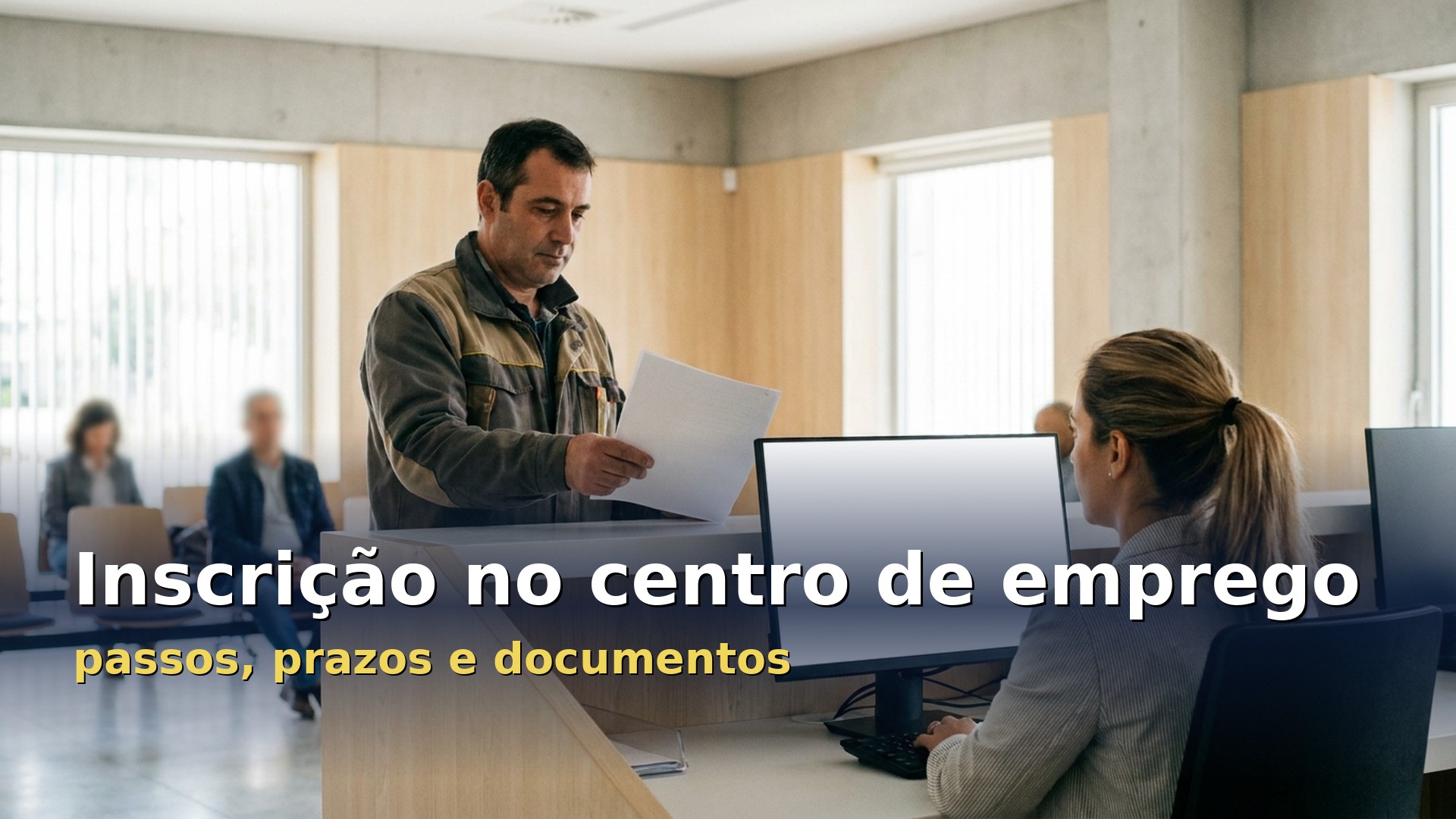 Homem a entregar os documentos no balcão de atendimento do centro de emprego, com a zona de espera ao fundo