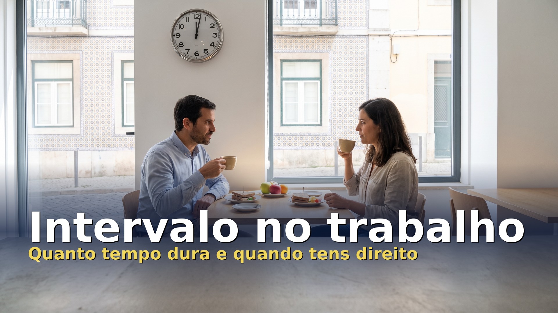 Dois colegas de trabalho no intervalo de almoço, com café e sandes junto à janela