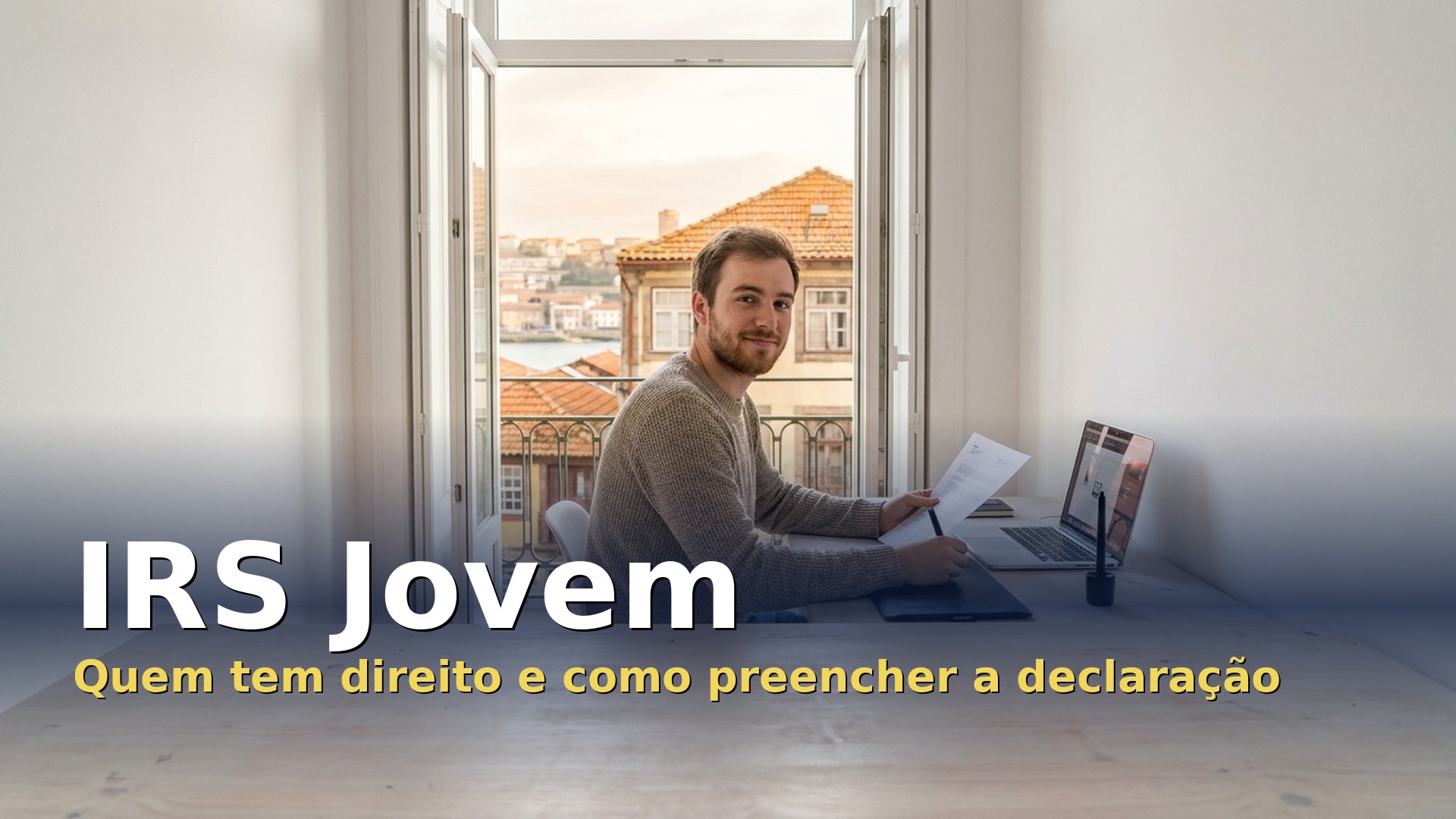 Jovem trabalhador independente no Porto a rever uma fatura para a declaração do IRS Jovem
