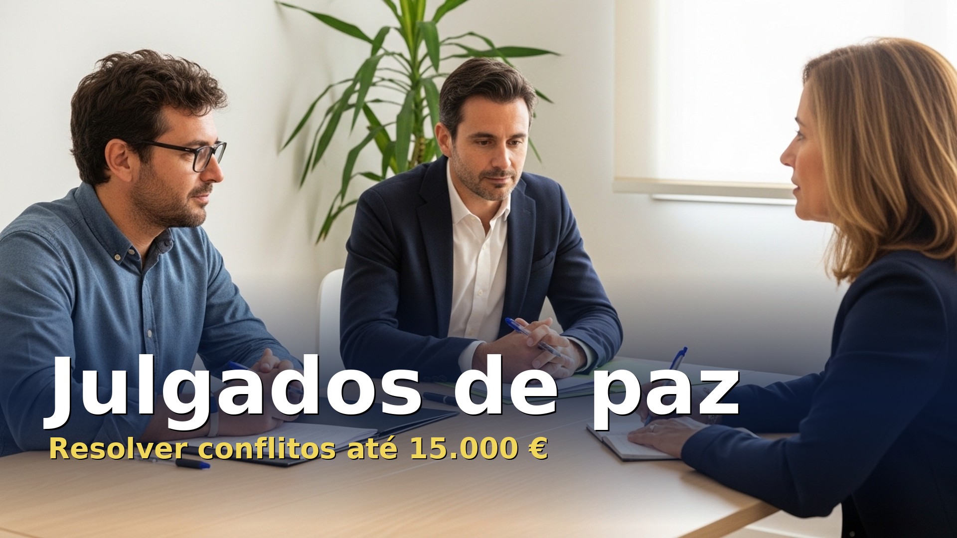Julgados de paz: tres pessoas a resolver um conflito com um mediador numa mesa de reuniao