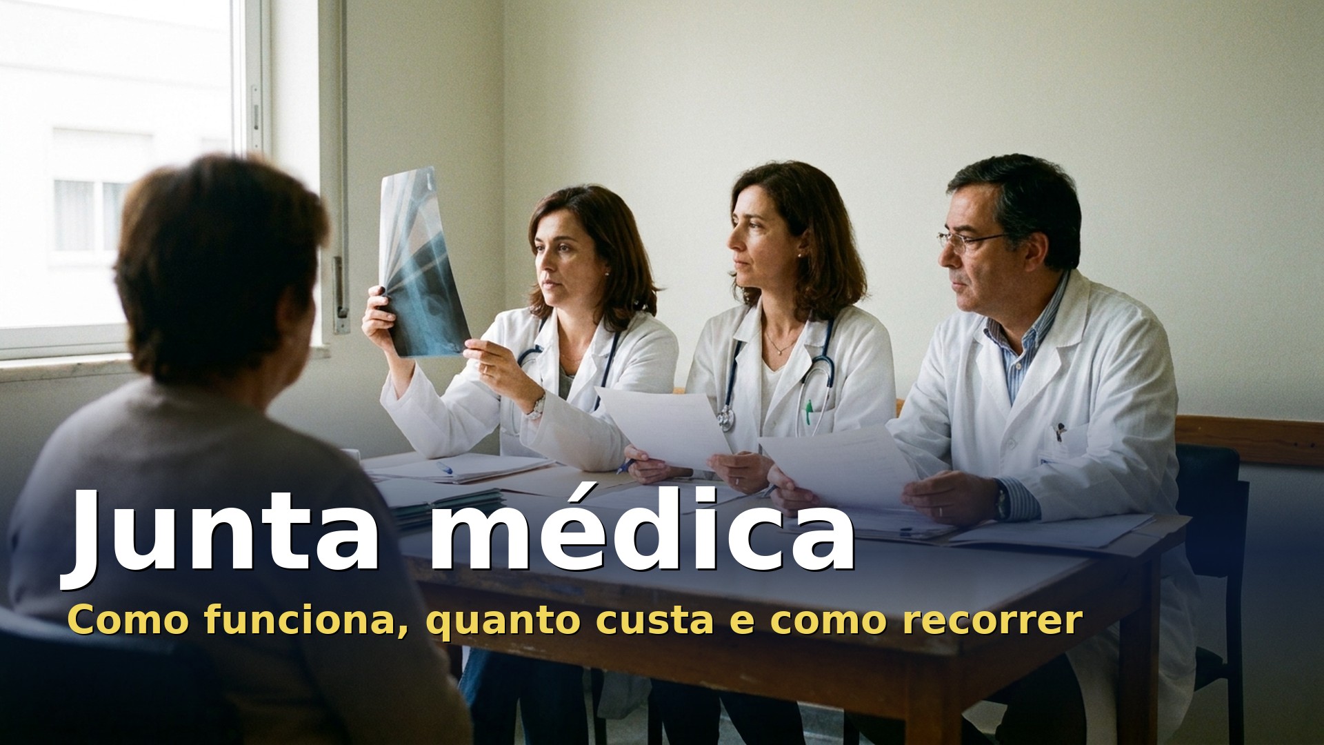 Junta médica de avaliação de incapacidade: três médicos analisam uma radiografia e relatórios médicos à frente da pessoa avaliada, num centro de saúde