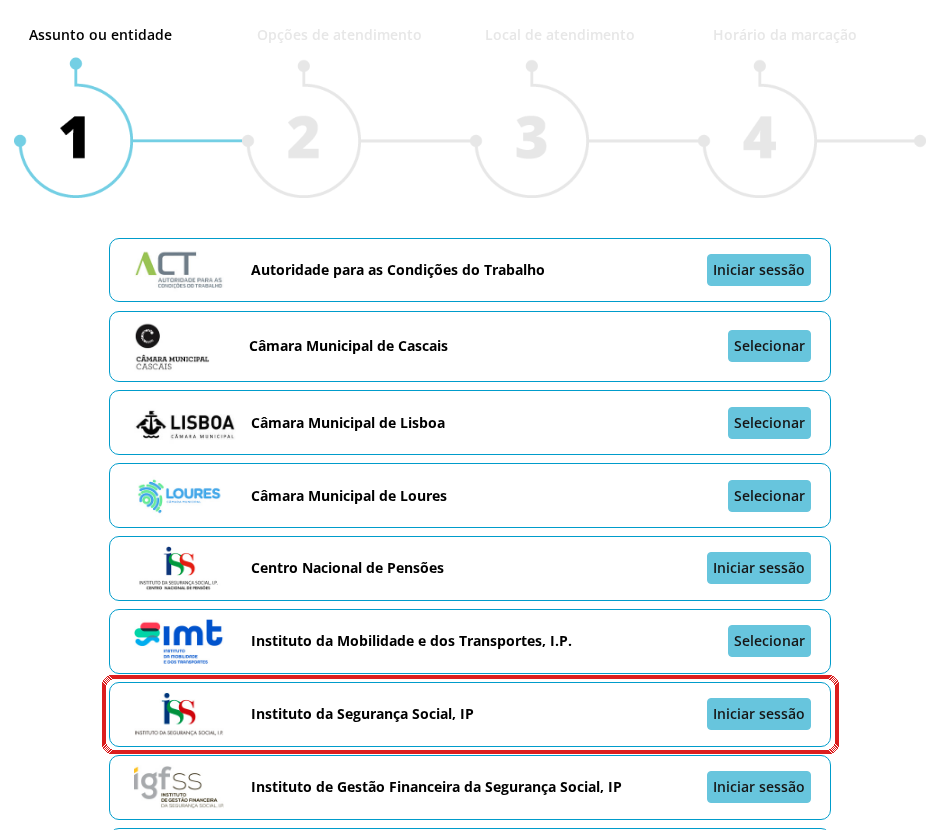 Marcação na Segurança Social no SIGA: passo 1, escolher Instituto da Segurança Social, IP e iniciar sessão