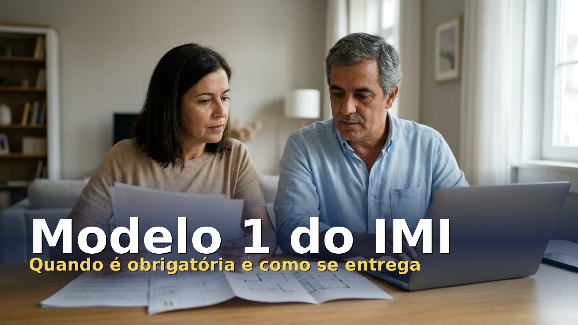 Modelo 1 do IMI: casal a rever documentos e plantas de uma casa em Portugal
