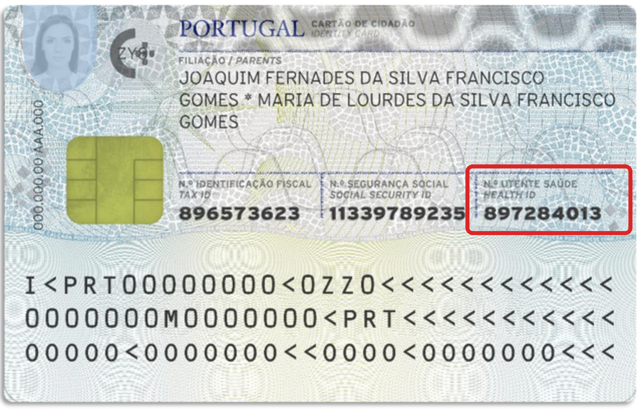 Onde está o número de utente: campo N.º Utente Saúde no verso do Cartão de Cidadão, ao lado do NIF e do NISS (modelo oficial com dados fictícios)