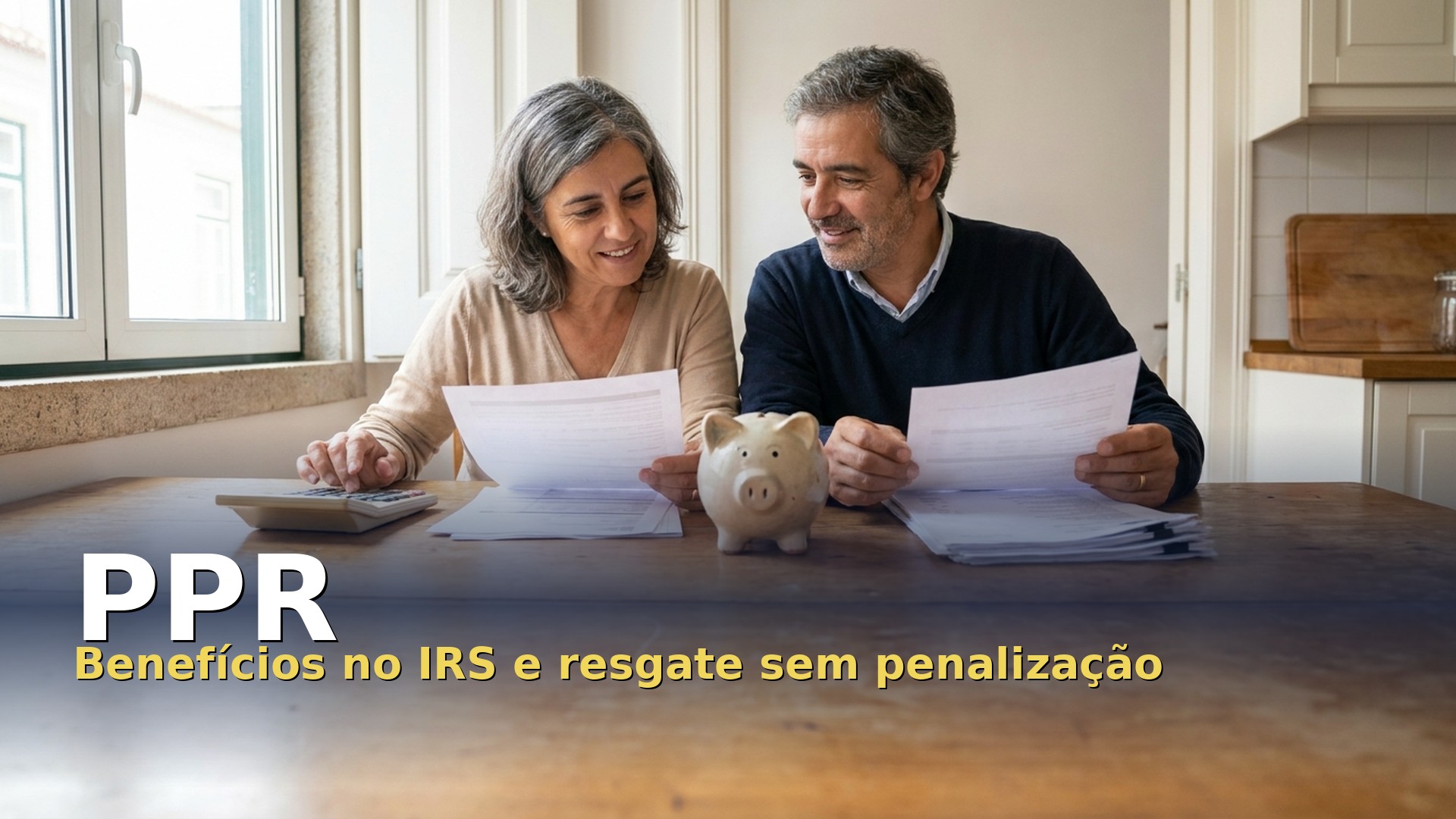 Casal a rever os documentos do PPR com uma calculadora e um mealheiro
