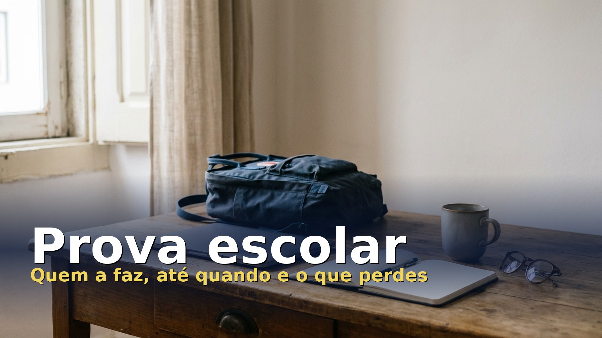 Prova escolar: secretária com mochila escolar, portátil e caderno numa casa em Portugal