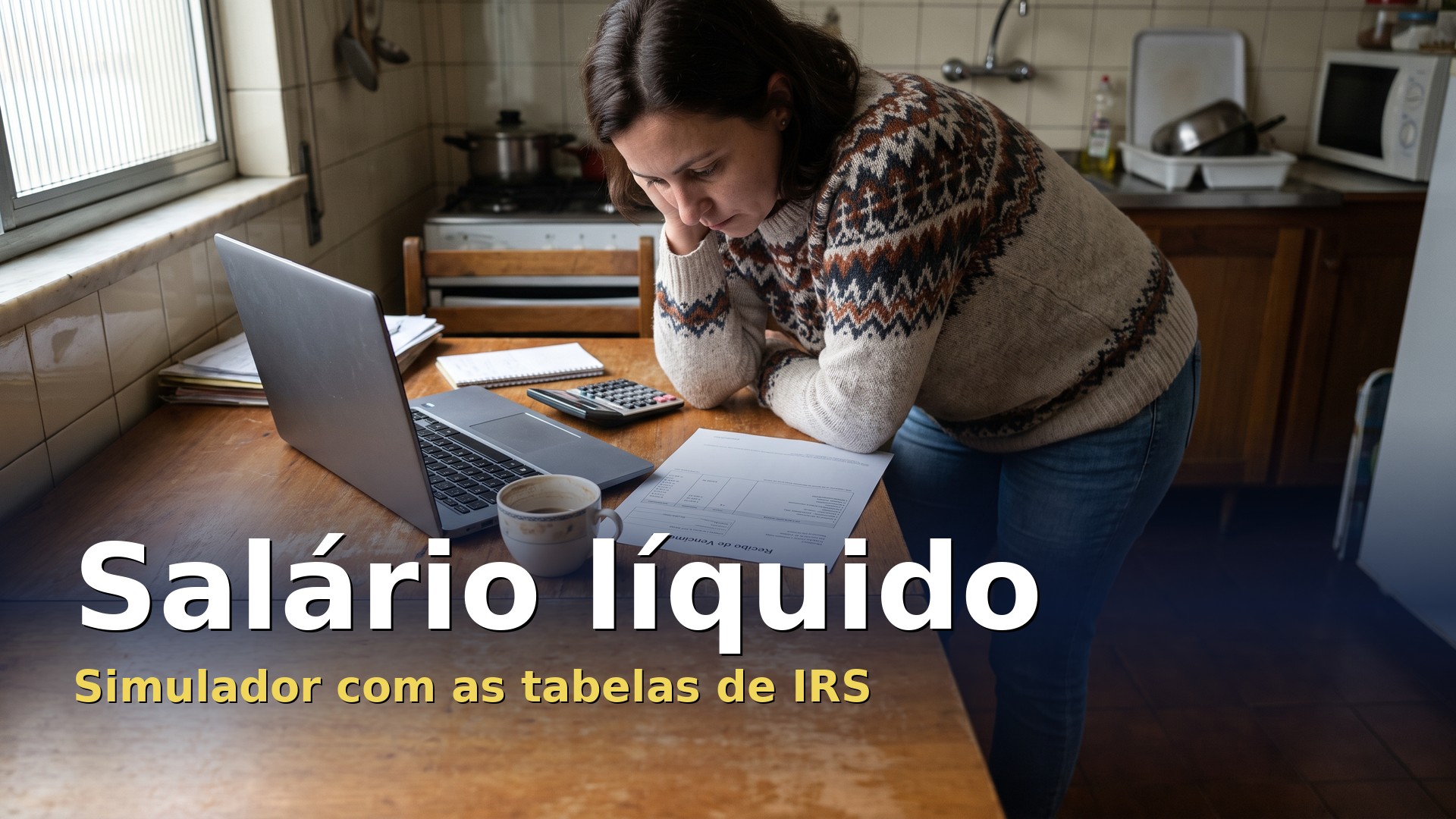 Salário líquido: mulher confere o recibo de vencimento com o portátil e a calculadora na cozinha