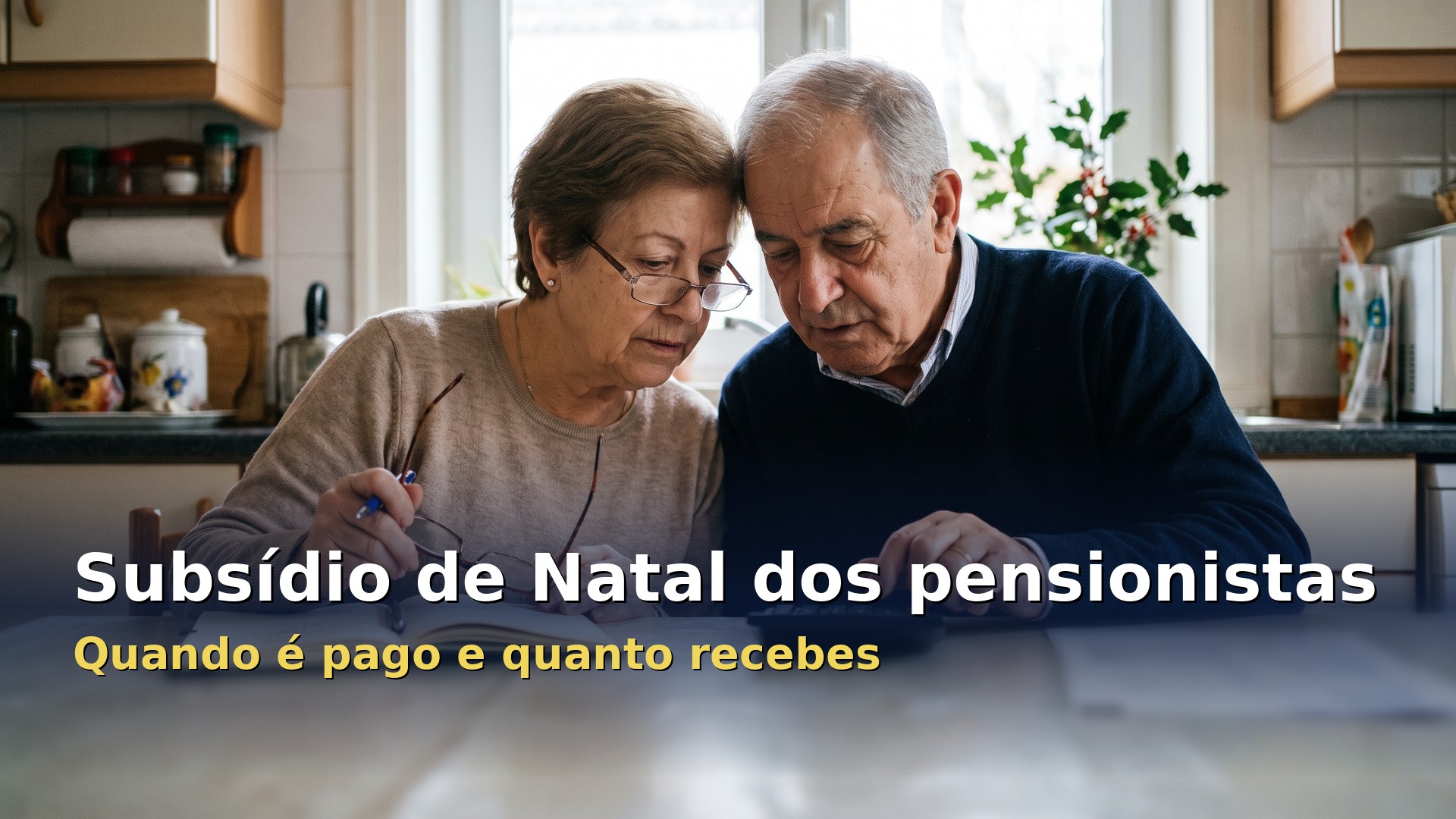 Subsídio de Natal dos pensionistas: casal de reformados a rever as contas do mês à mesa da cozinha