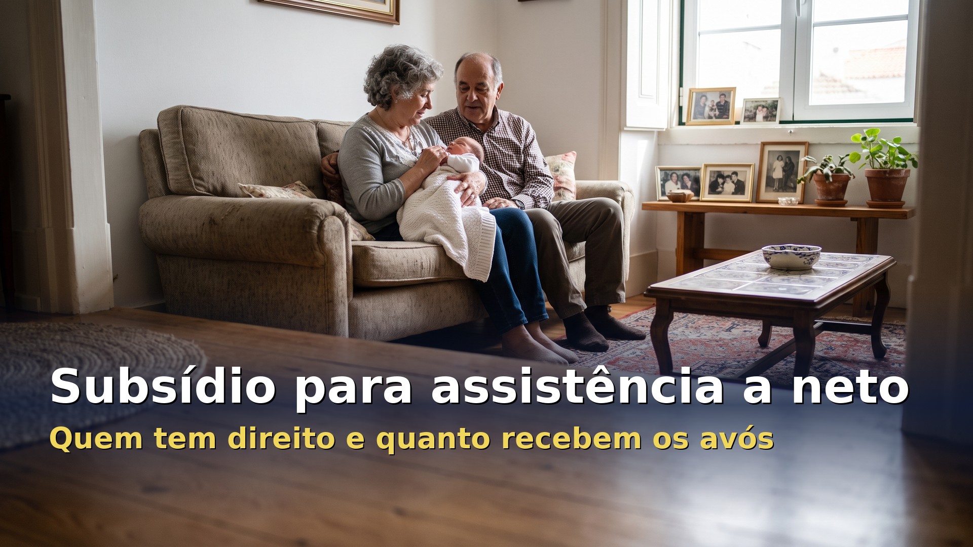 Avós sentados no sofá com o neto recém-nascido ao colo