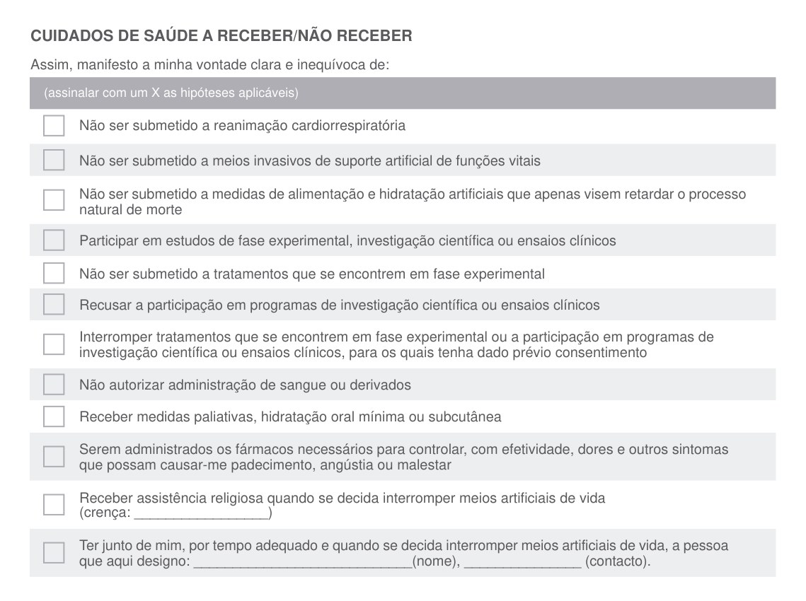 Formulário do testamento vital em branco: lista de cuidados de saúde que podes aceitar ou recusar