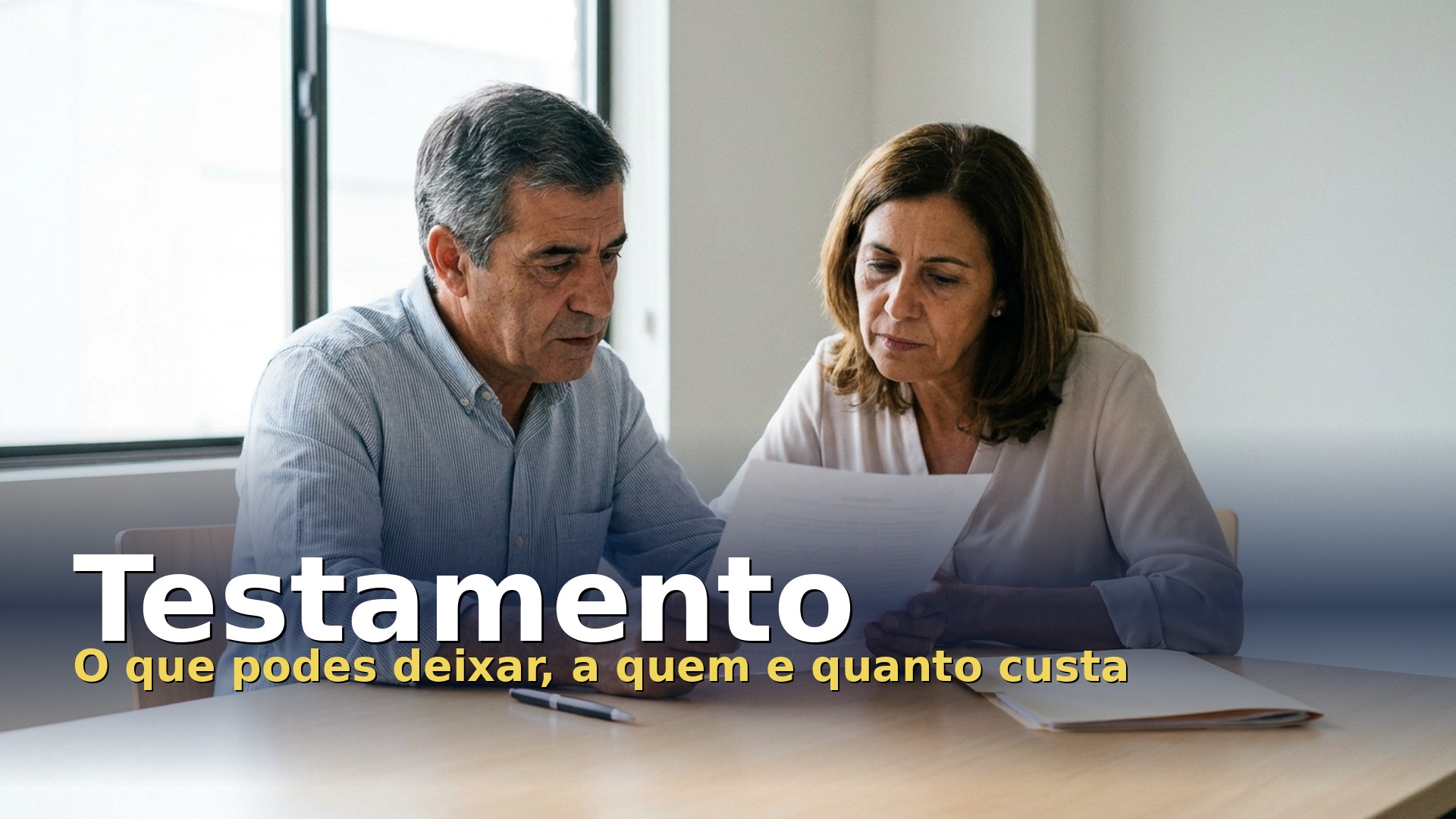 Casal de meia-idade a ler um documento sobre a mesa, a preparar um testamento em Portugal
