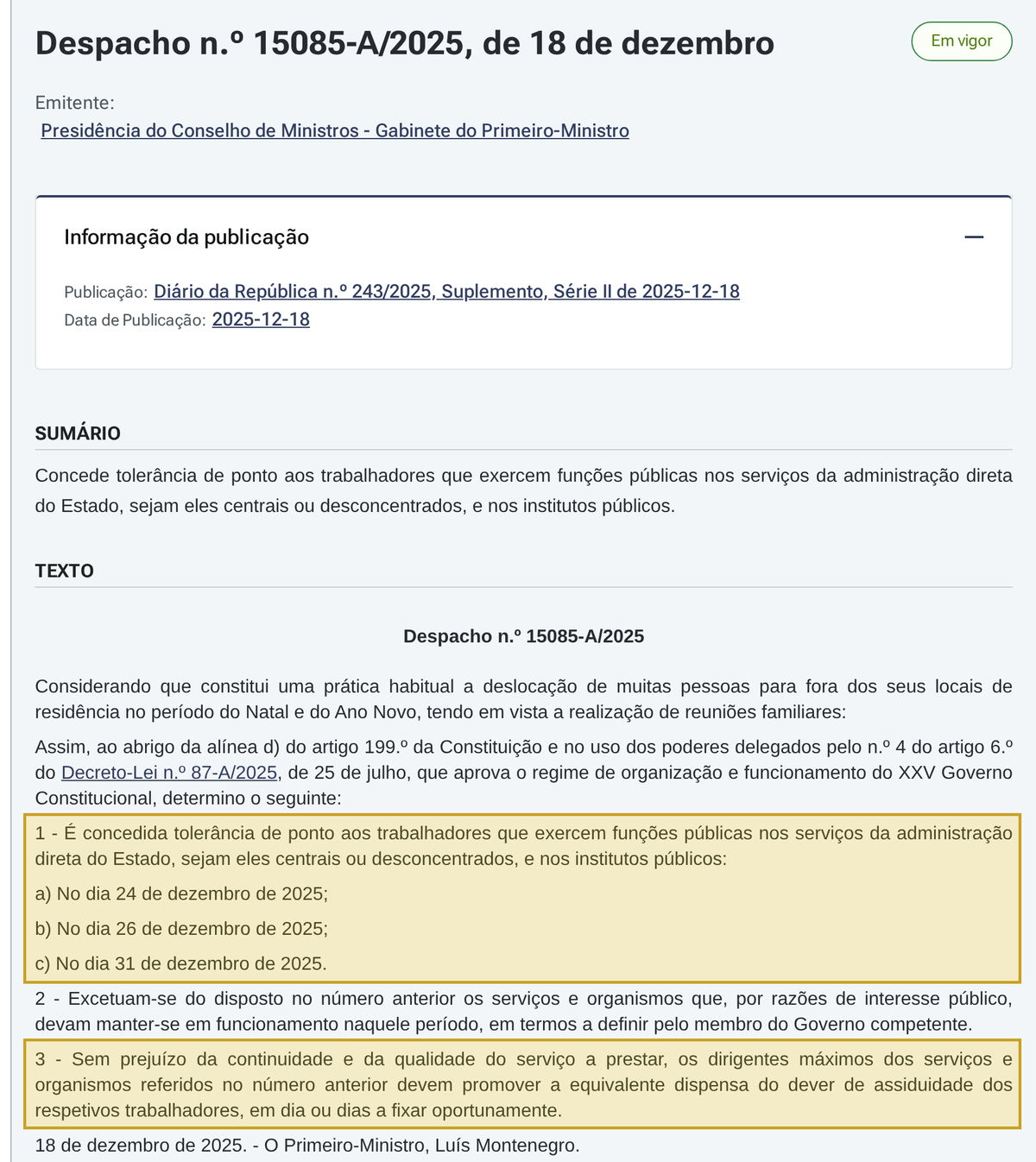 Tolerância de ponto do Natal de 2025 no Diário da República: dias 24, 26 e 31 de dezembro e dispensa equivalente para quem trabalha