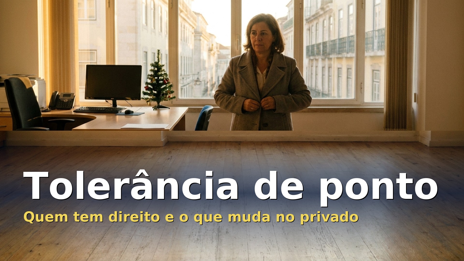 Tolerância de ponto: funcionária pública a sair do serviço num fim de tarde de dezembro