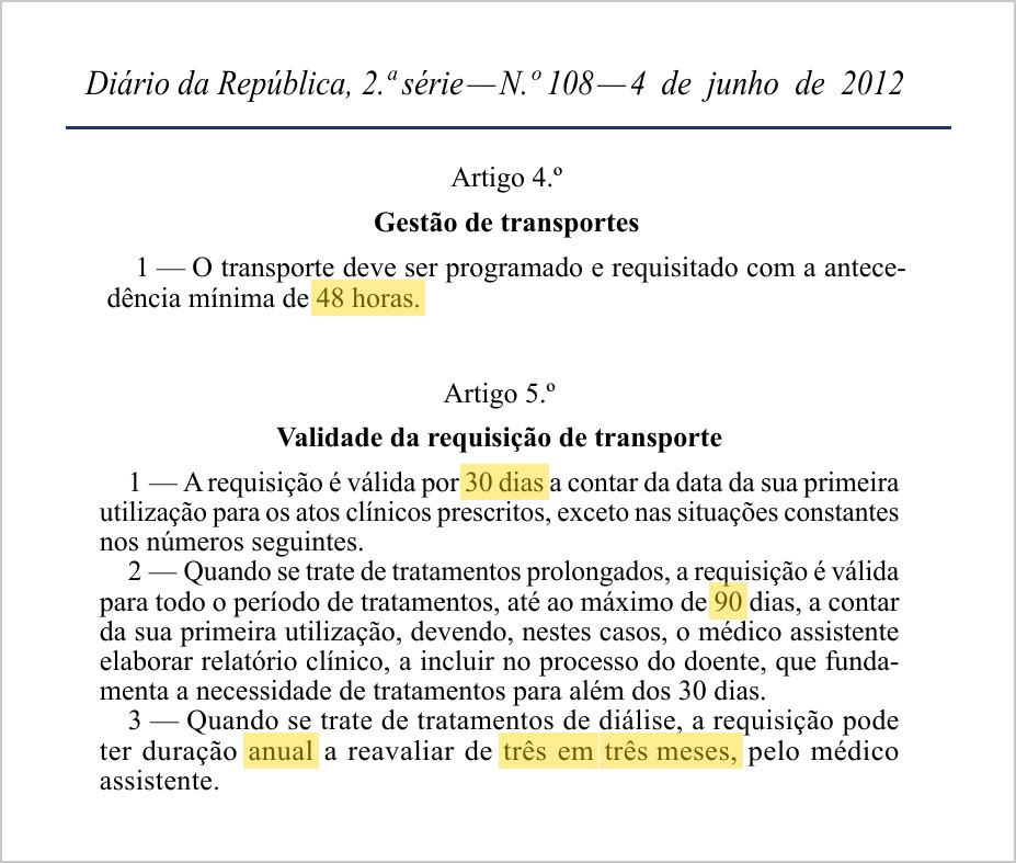 Transporte não urgente de doentes: excerto oficial com a antecedência de 48 horas e a validade da requisição de 30 dias, 90 dias e anual na diálise