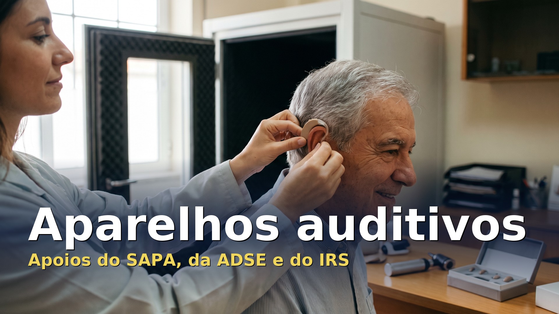 Aparelhos auditivos: audiologista coloca um aparelho auditivo atrás da orelha de um homem idoso num consultório com cabine de audiometria