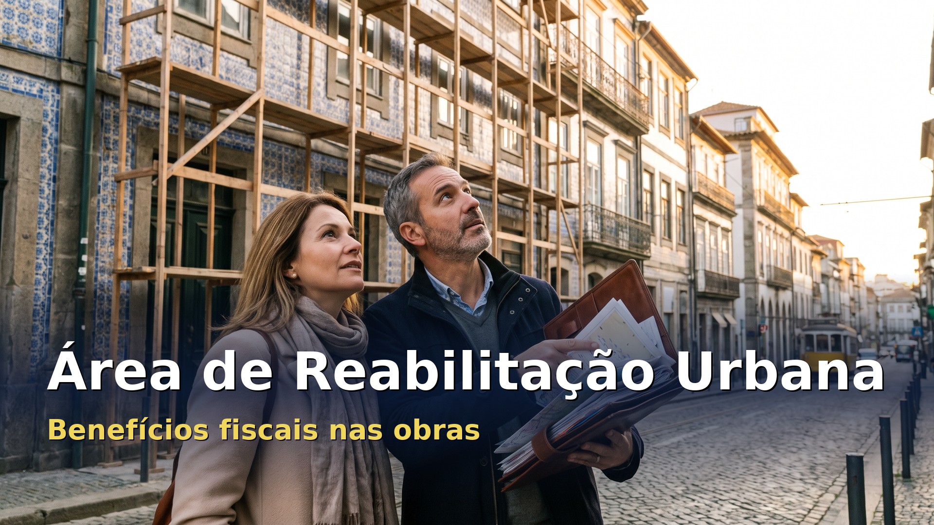 Área de reabilitação urbana: casal diante de um prédio antigo de azulejos com andaimes de obras de reabilitação