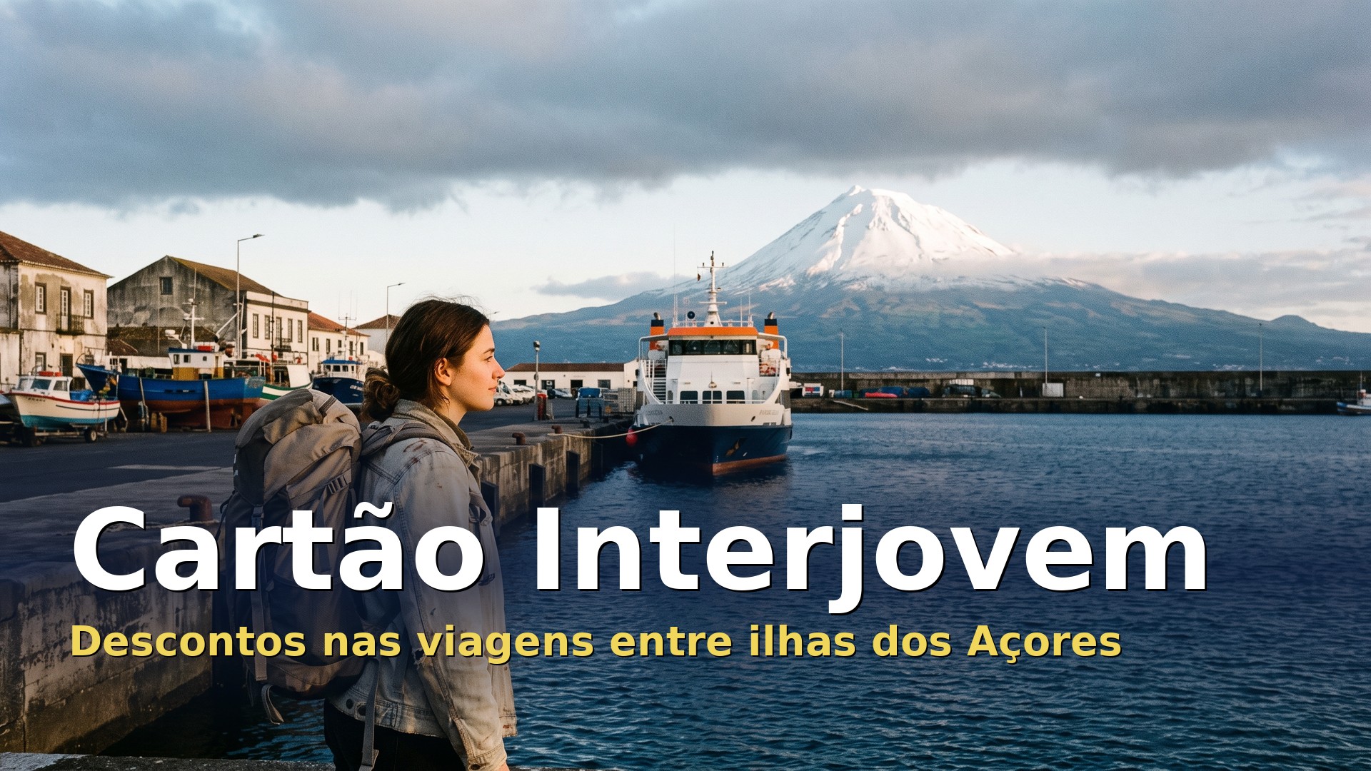 Cartão Interjovem: jovem com mochila num cais dos Açores a olhar para o barco entre ilhas