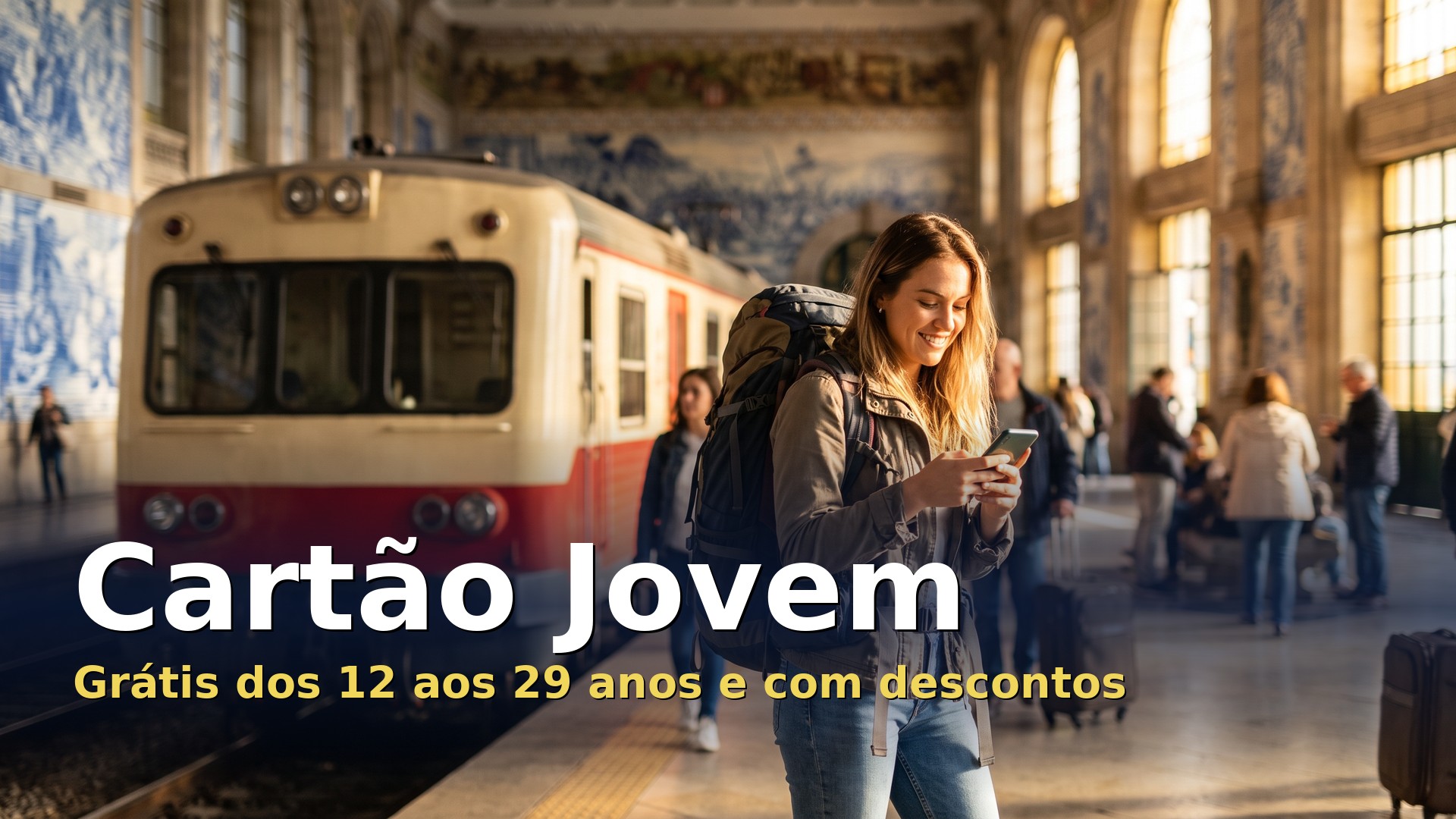 Cartão Jovem: jovem com mochila numa estação de comboios com azulejos, a consultar o telemóvel ao lado do comboio