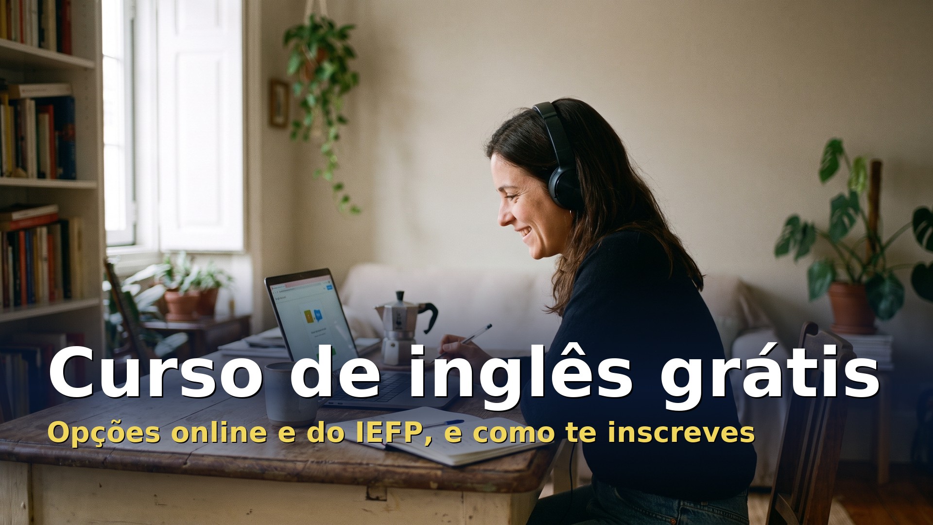 Curso de inglês grátis: mulher estuda inglês online no portátil, com auscultadores, na sala de casa
