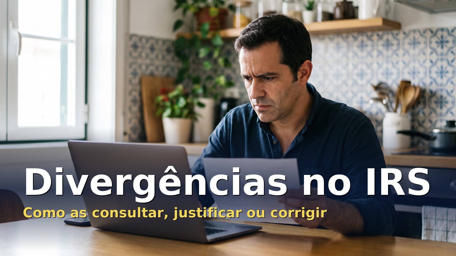 Divergências no IRS: homem à mesa da cozinha a comparar a carta das Finanças com a declaração no portátil